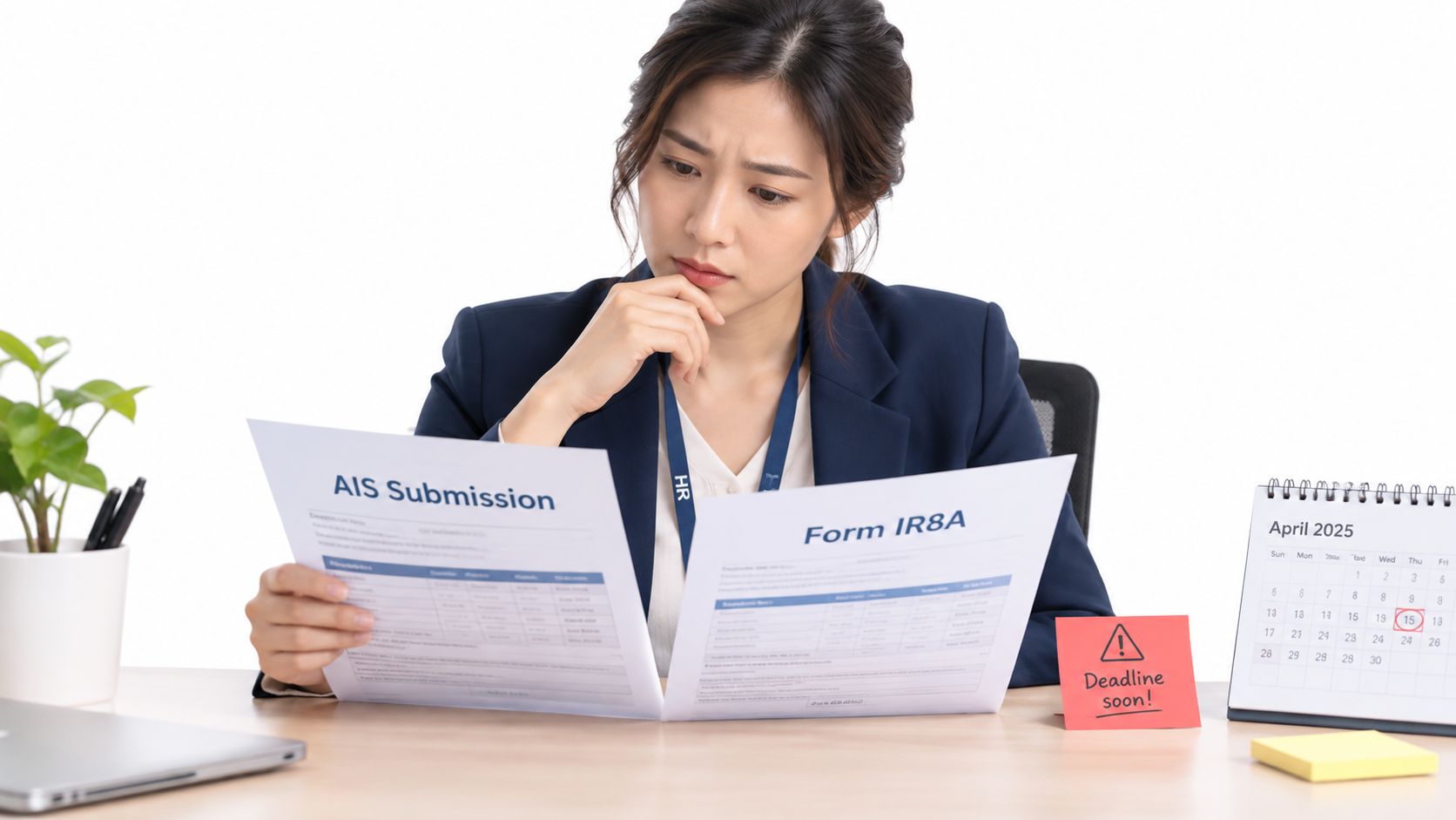 An HR professional reviewing AIS submission records and payroll documents ahead of the annual filing deadline.
