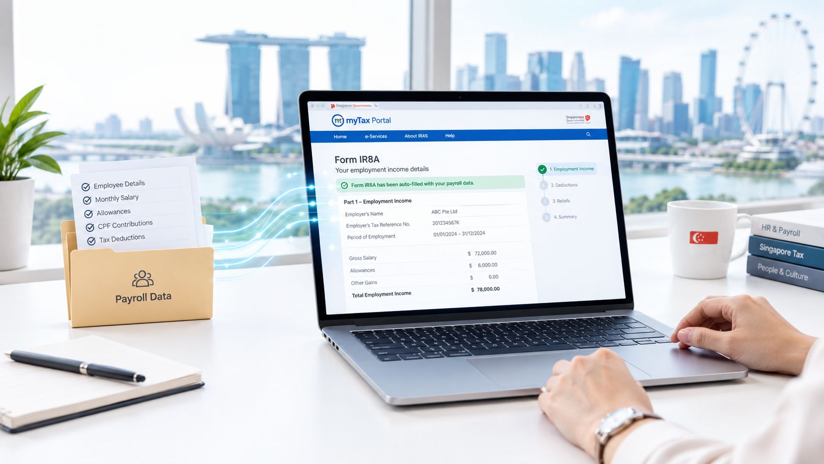 A person using a laptop to view auto-filled payroll data on the Singapore myTax Portal website.