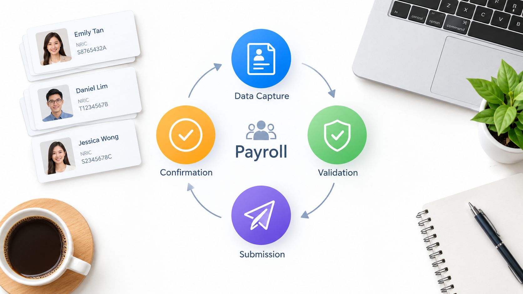 A diagram illustrating a four-step payroll processing cycle including data capture, validation, submission, and confirmation for employees.