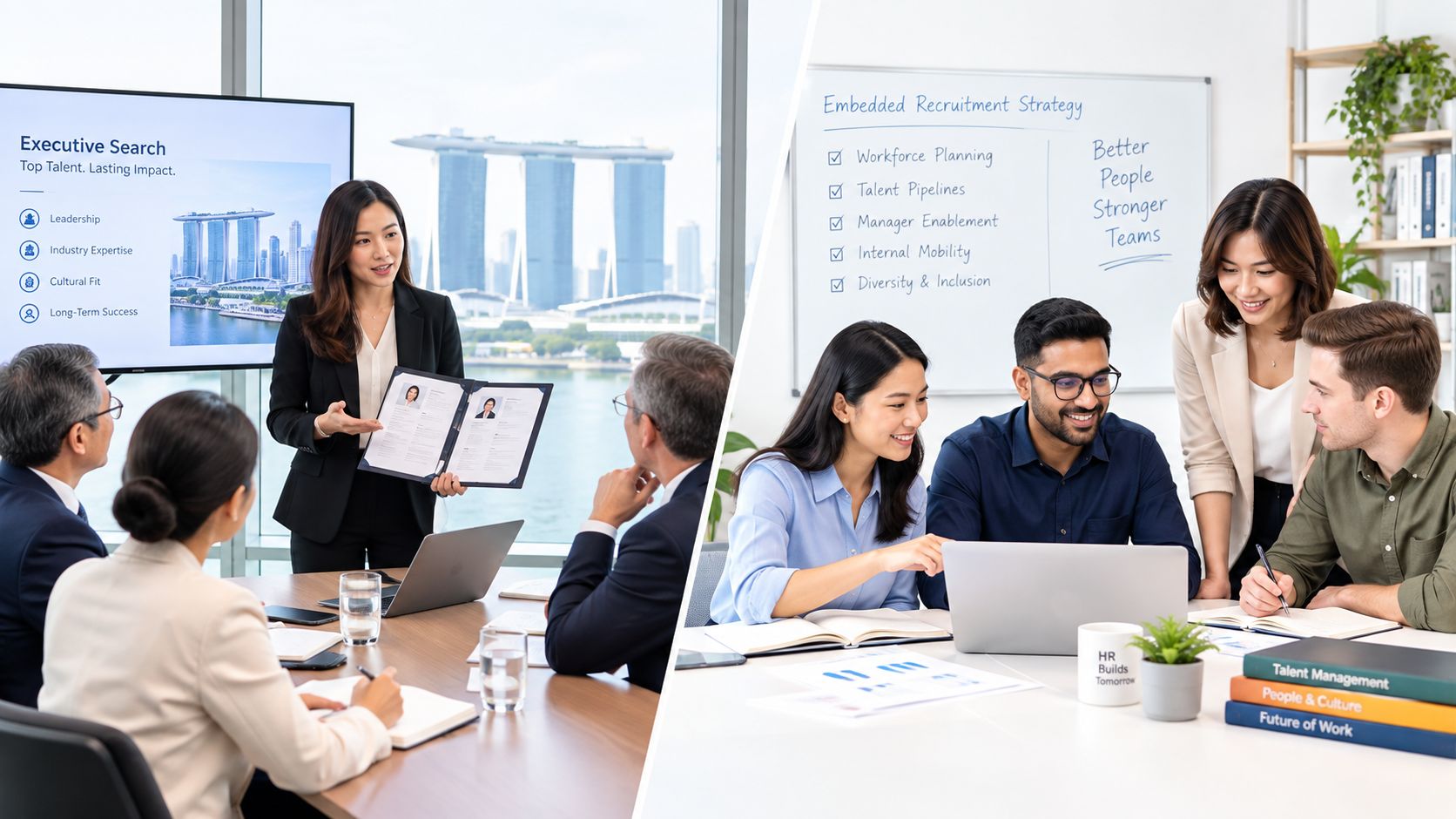 Professional team members collaborating in a modern Singapore office during executive search and recruitment strategy meetings.