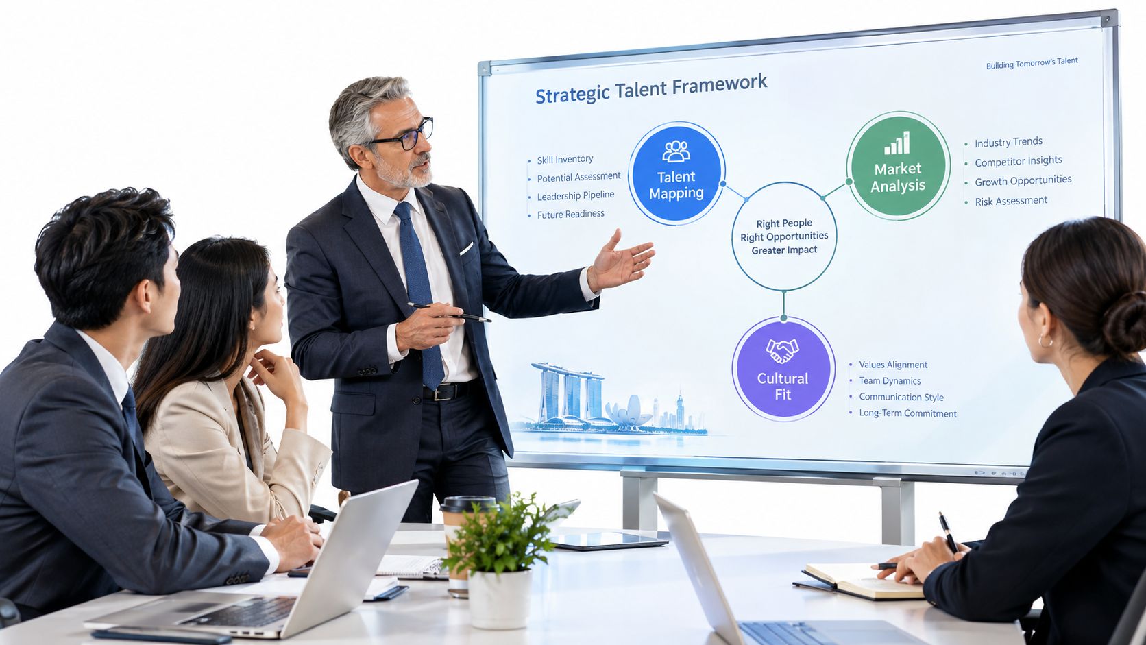 A professional business executive presenting a strategic talent framework to his colleagues in a modern office meeting.