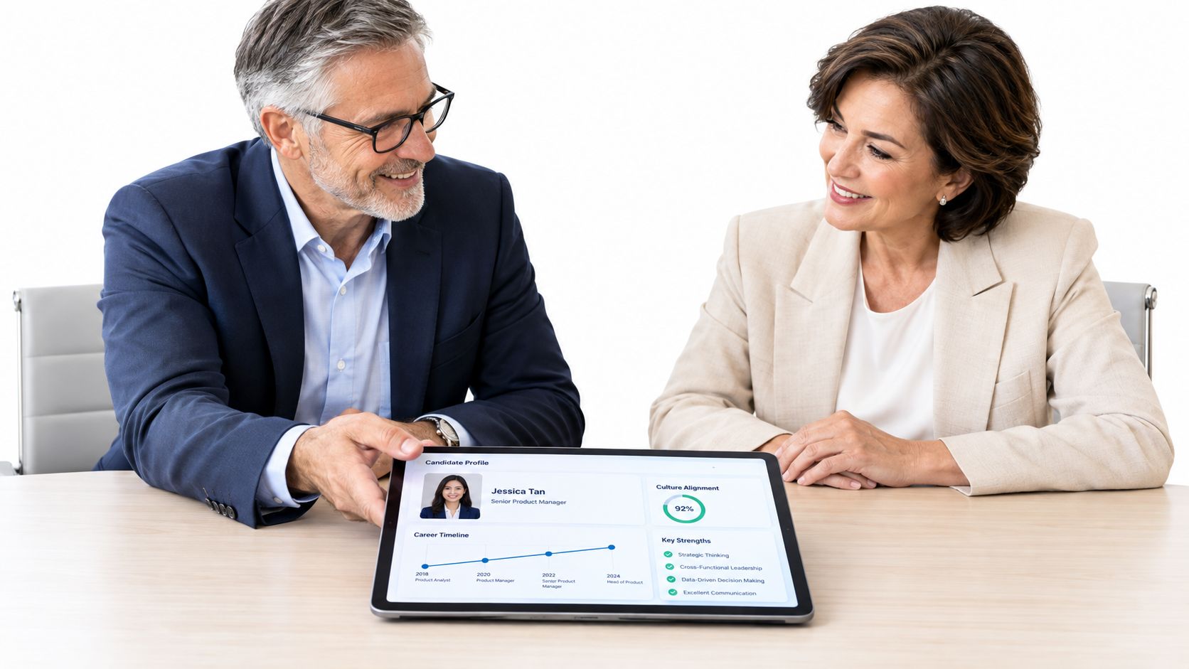 A man and woman reviewing a candidate profile for a senior leadership role on a tablet computer.