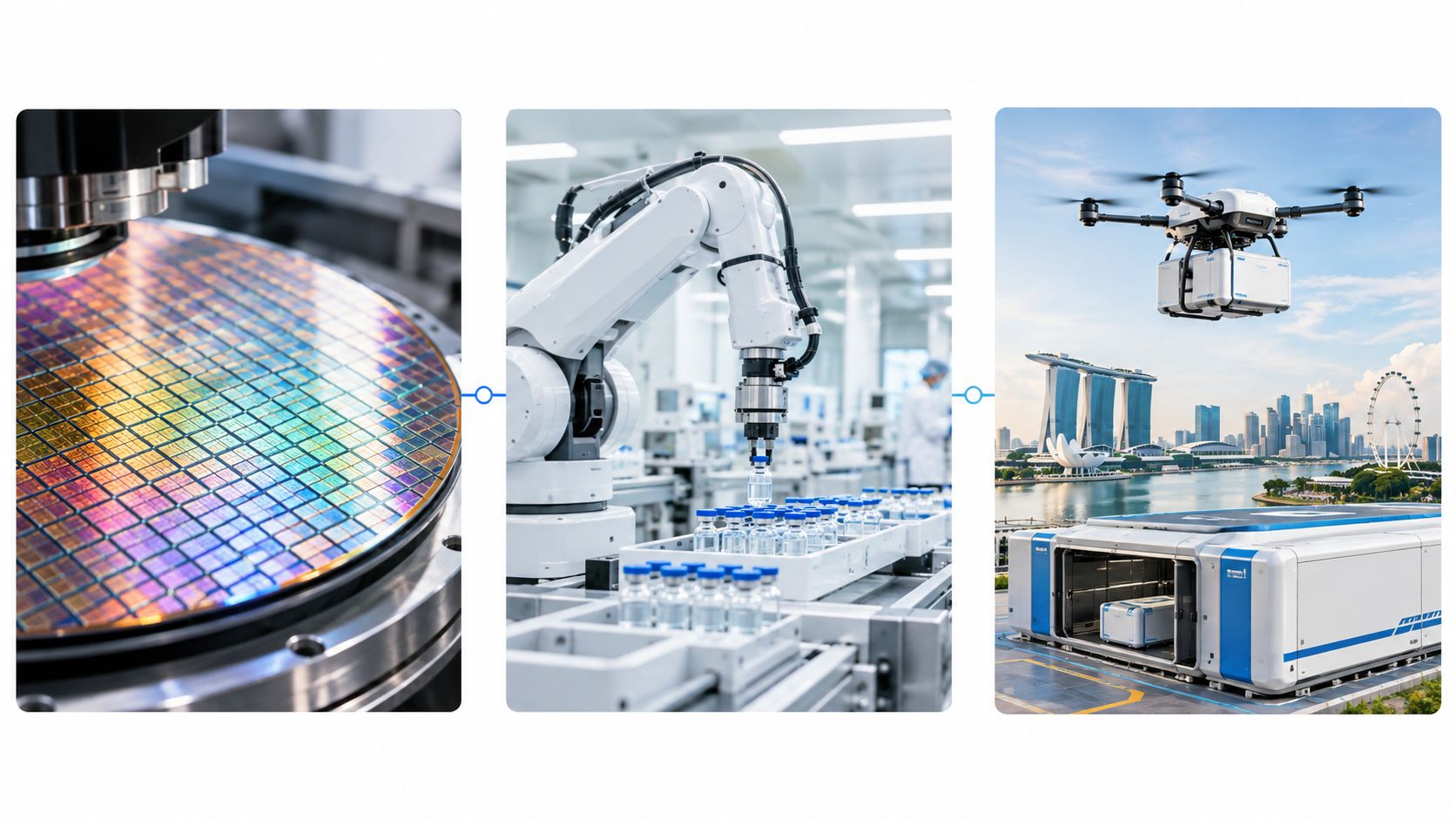 A triptych showing a semiconductor wafer, a pharmaceutical robot assembly line, and a delivery drone over Singapore.