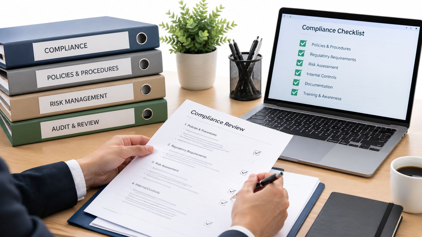 A professional reviewing a compliance checklist document with stacked binders and a laptop on a desk.