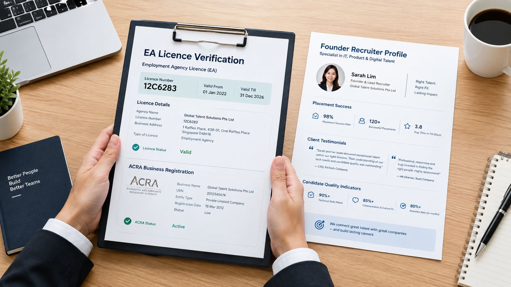 A professional holding a clipboard showing an employment agency licence verification and recruiter profile in Singapore.
