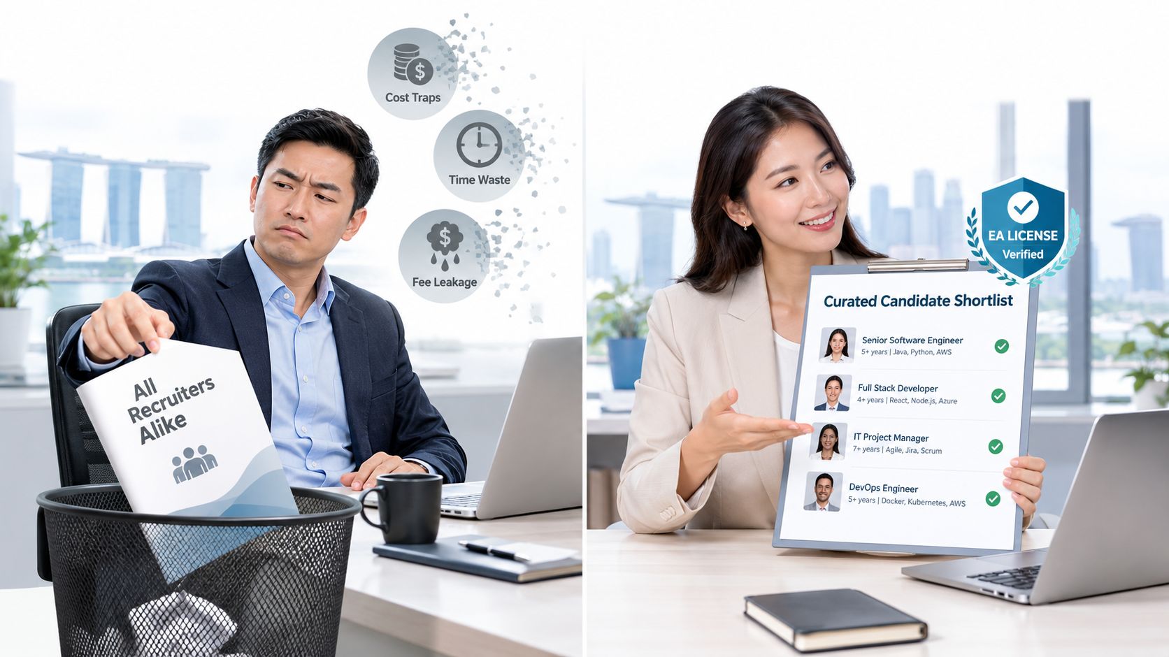 A split image contrasting an inefficient recruiter service and a professional IT recruitment agency in Singapore.