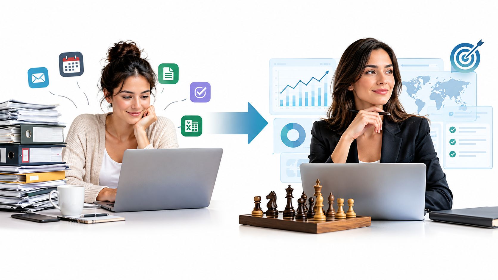 A professional woman transitions from managing paperwork to strategic planning, symbolizing a shift towards efficient business growth.