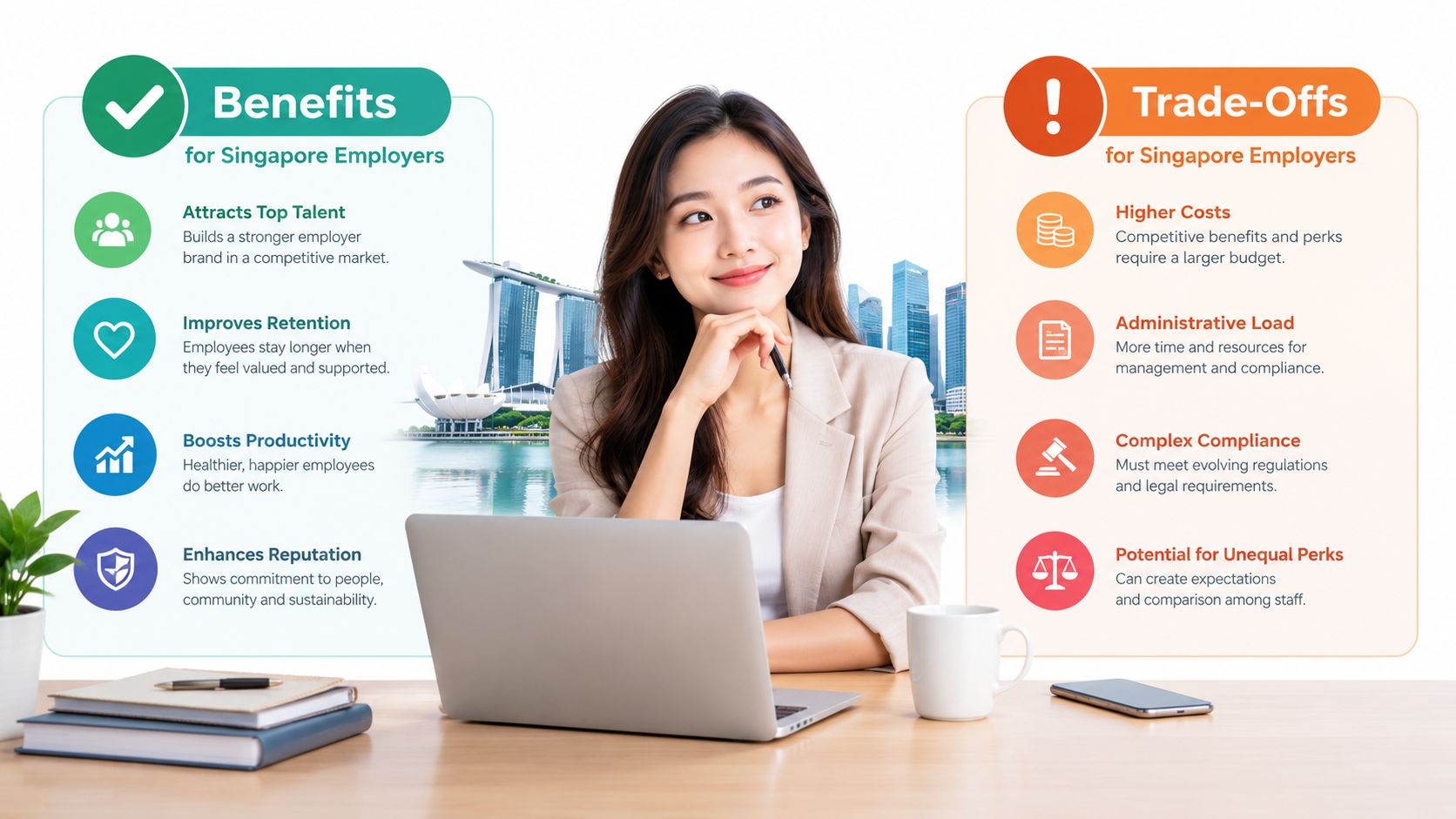 A professional woman working on a laptop with an infographic showing benefits and trade-offs for Singapore employers.