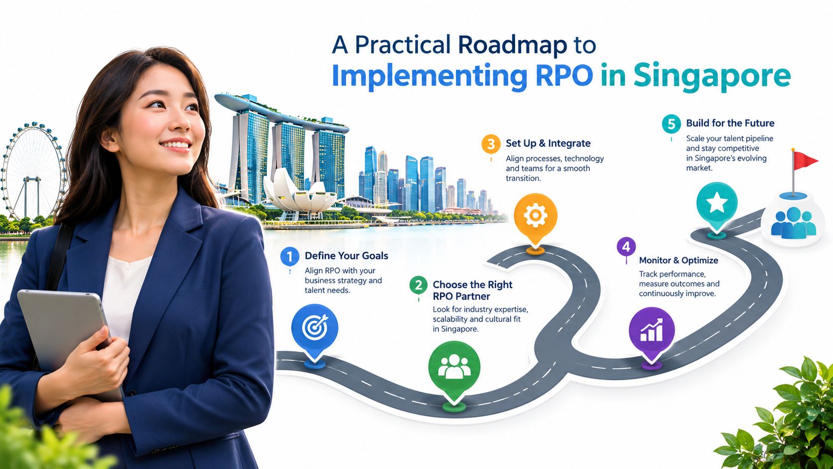 A professional woman holding a tablet with an infographic outlining a five-step RPO roadmap in Singapore.