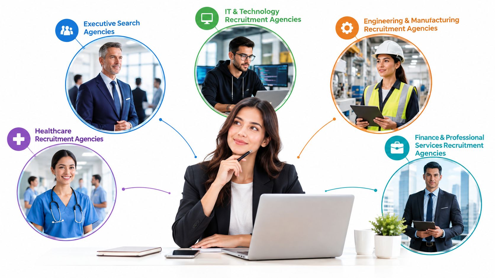 A woman thinking while working on a laptop, surrounded by icons representing various professional recruitment agencies.