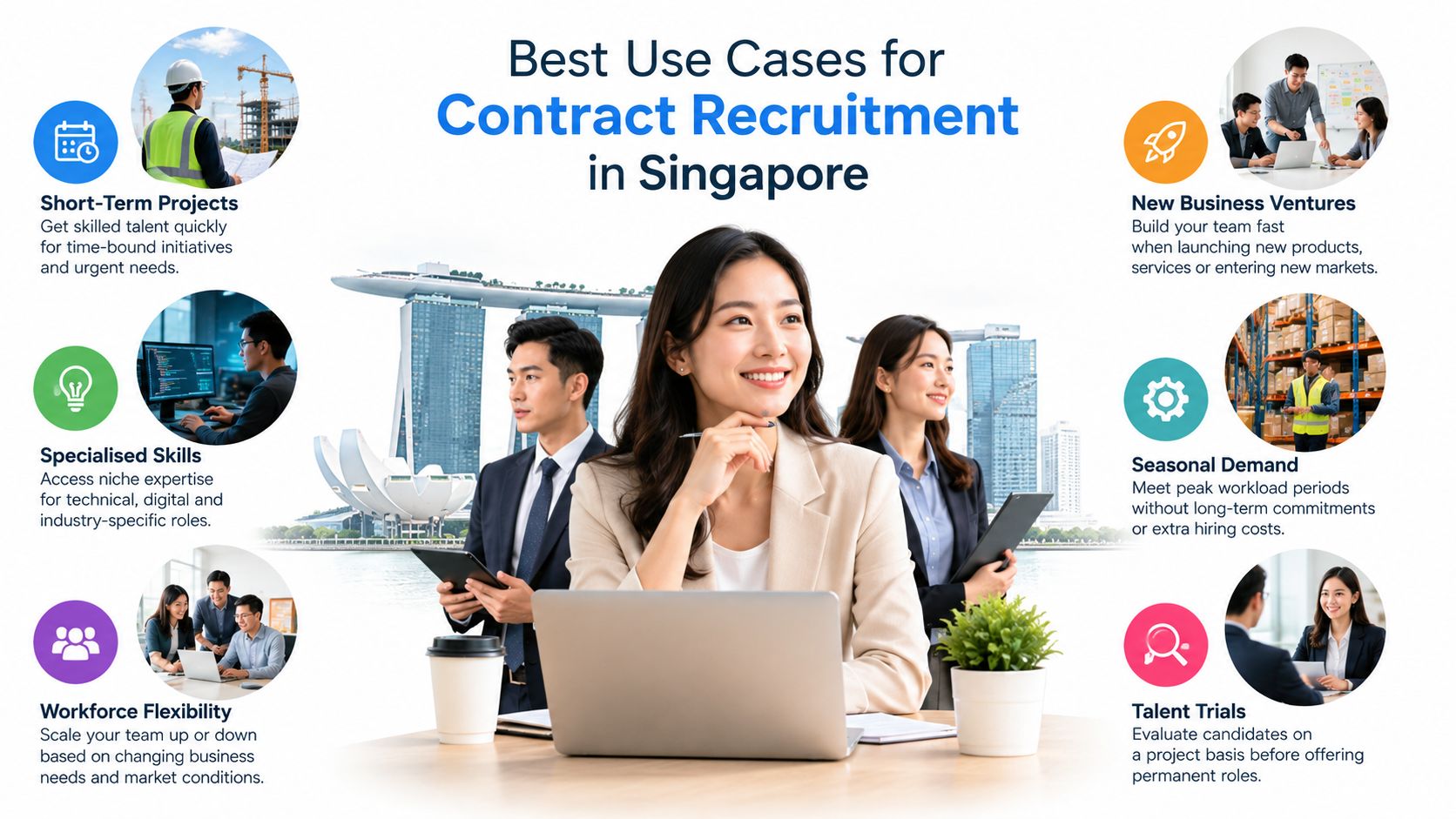 A professional infographic detailing the best use cases for contract recruitment in Singapore for businesses.
