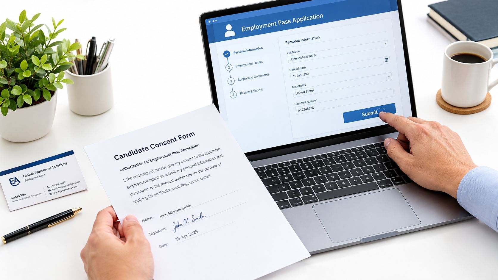 A person filling out an online employment pass application on a laptop while holding a signed consent form.