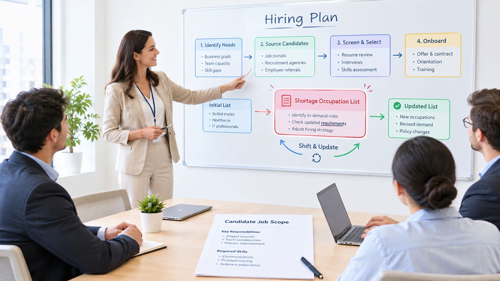 A professional woman presenting a hiring plan workflow on a whiteboard to her team in a meeting.