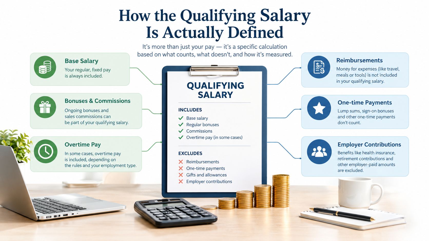 An infographic explaining how qualifying salary is defined, listing income components that are included and excluded.