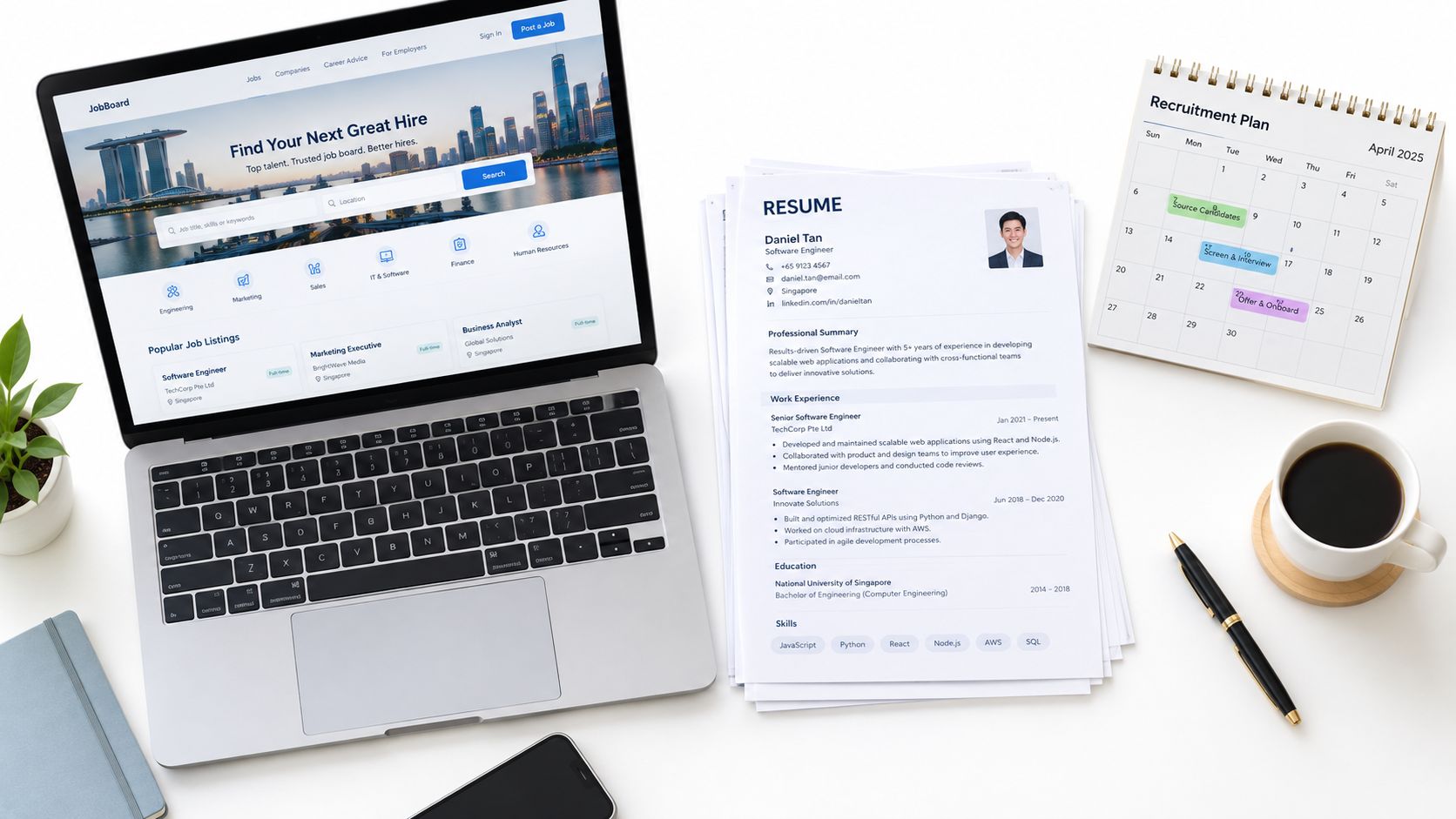 A top-down view of a modern office workspace featuring a laptop, resume, calendar, and coffee cup.