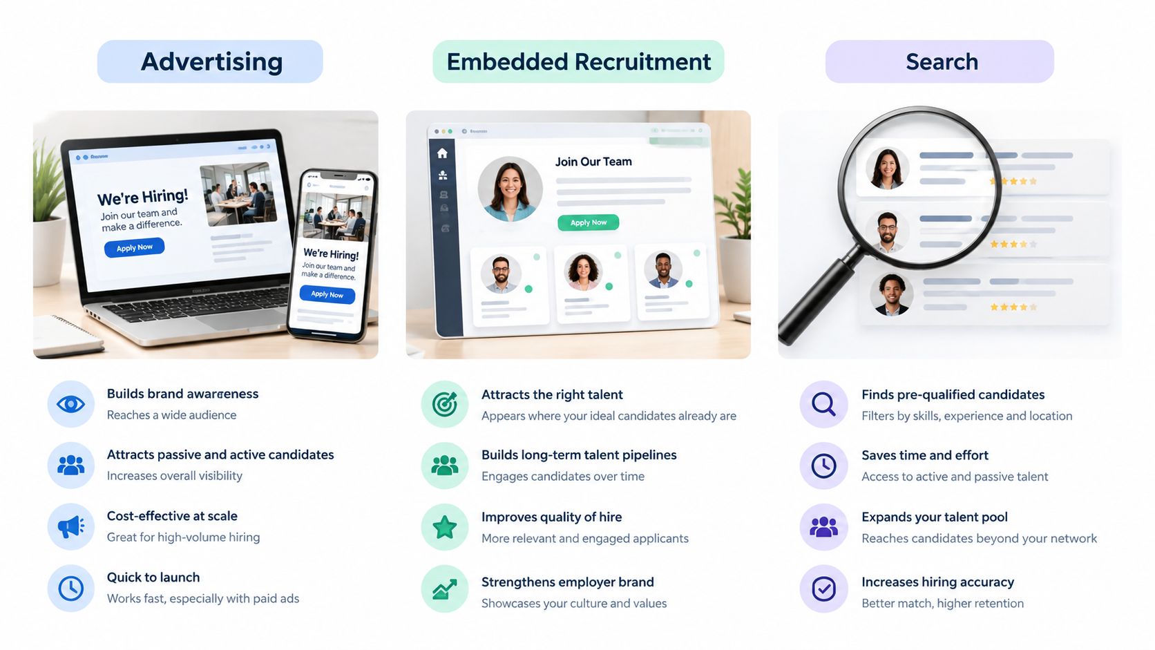 A recruitment infographic comparing advertising, embedded recruitment, and search strategies for hiring talent across digital platforms.