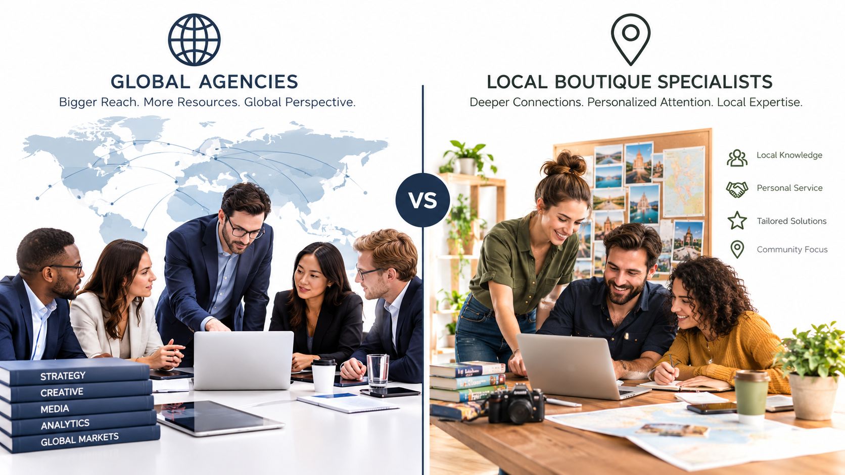 A comparison graphic showing global agencies versus local boutique specialists with team members working in office settings.