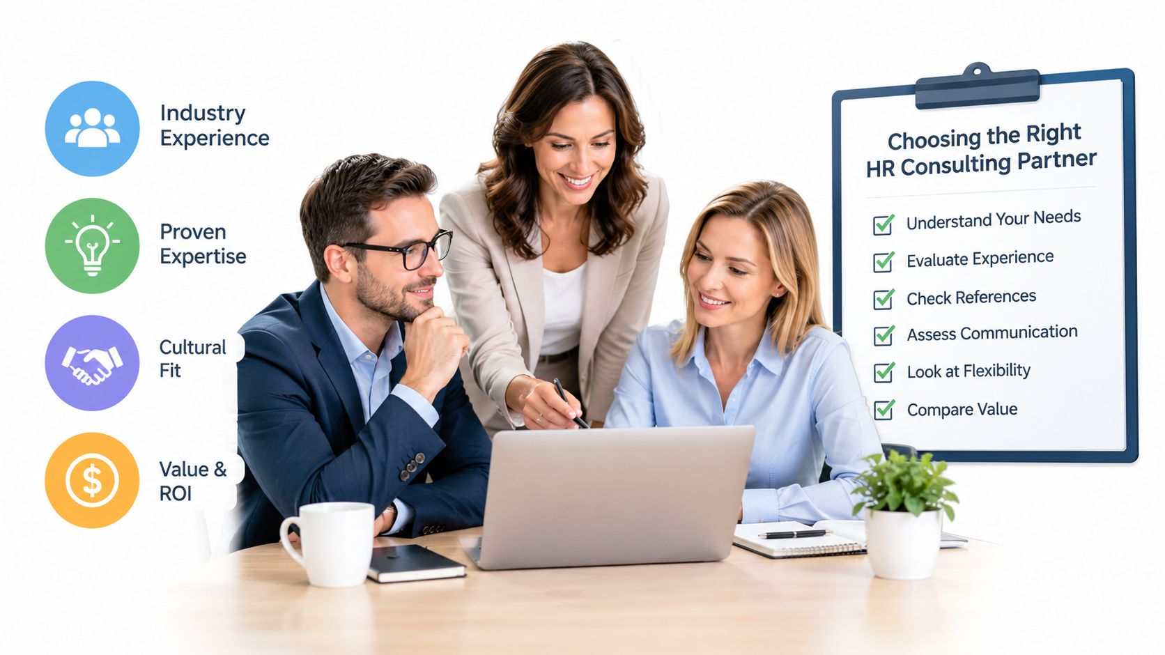 A professional team of business people sitting at a desk discussing HR consulting services with a laptop.