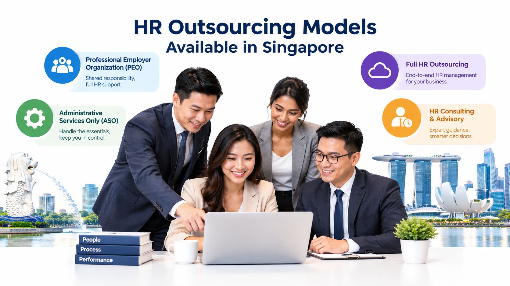A professional team in Singapore discusses various HR outsourcing models while working together on a laptop computer.