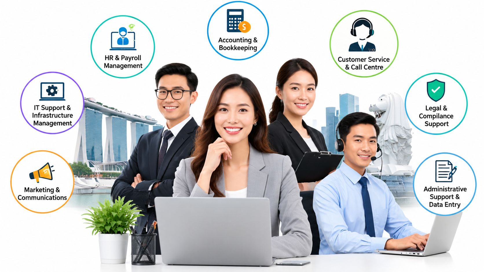 A professional team of business employees managing various outsourced administrative services in front of Singapore city skyline.