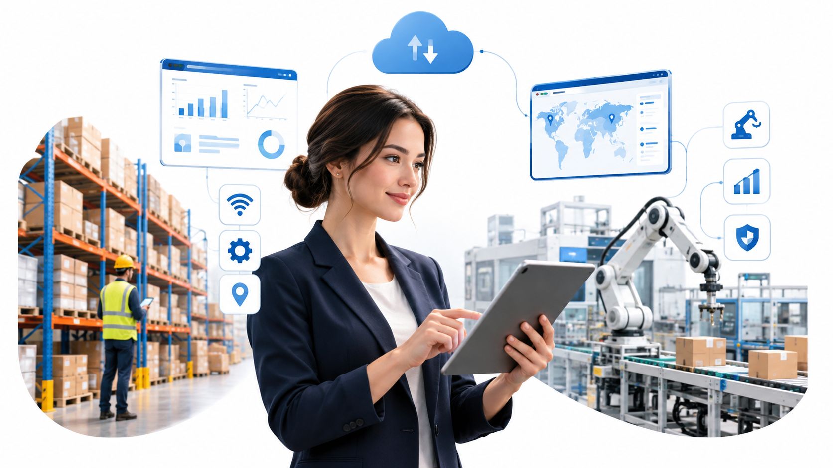 A professional woman uses a digital tablet in a modern warehouse environment with automated logistics data visualization.