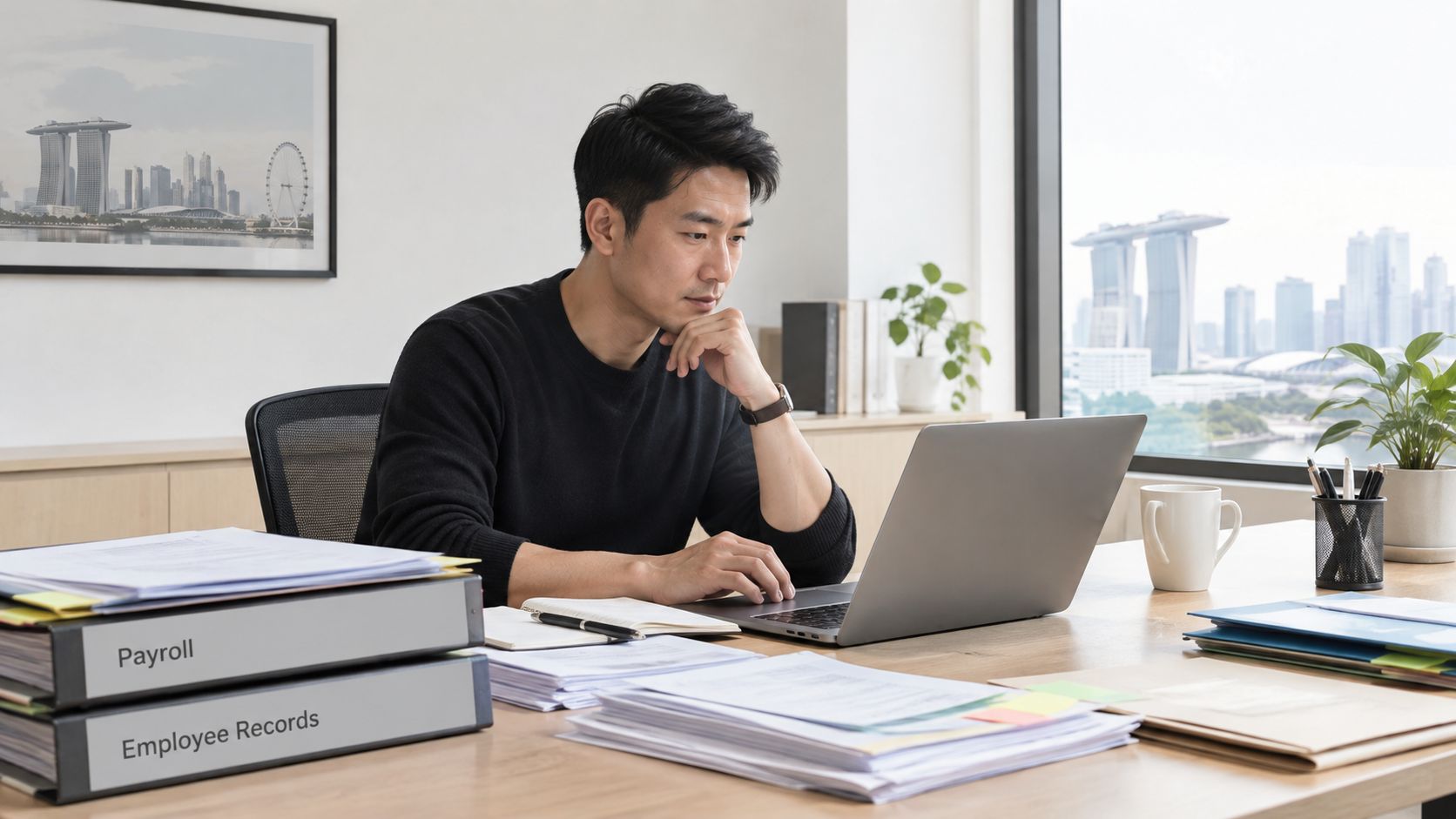 A professional man working on a laptop at an office desk with folders labeled Payroll and Employee Records.