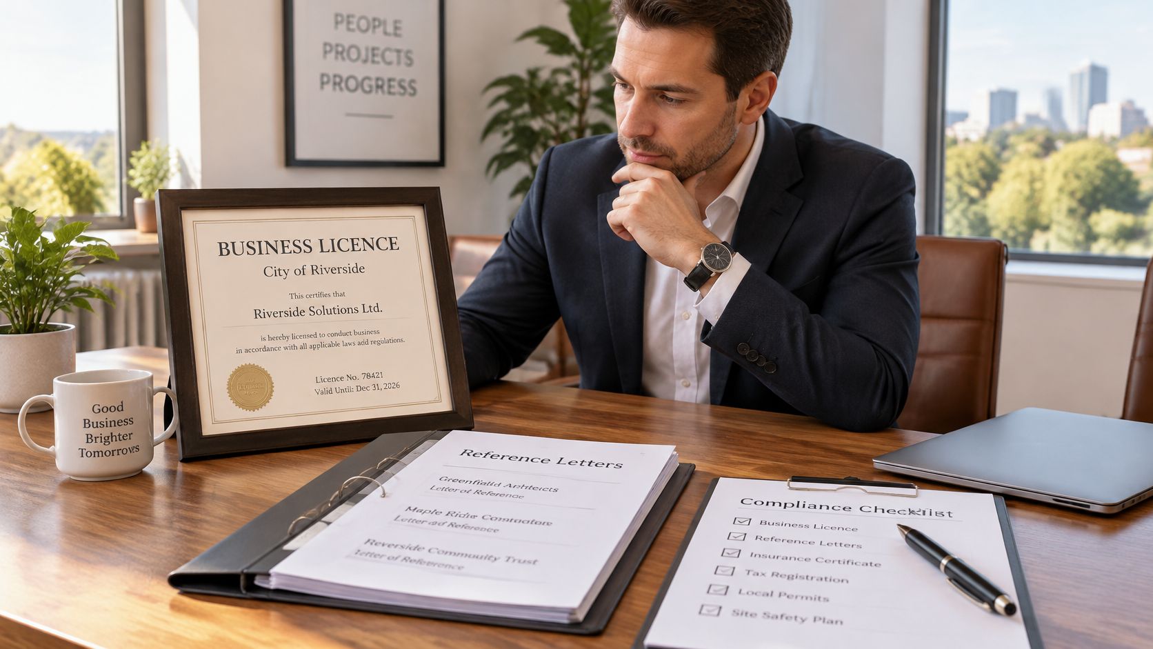 A professional businessman reviews business licensing documents and compliance checklists at his desk in a sunlit office.