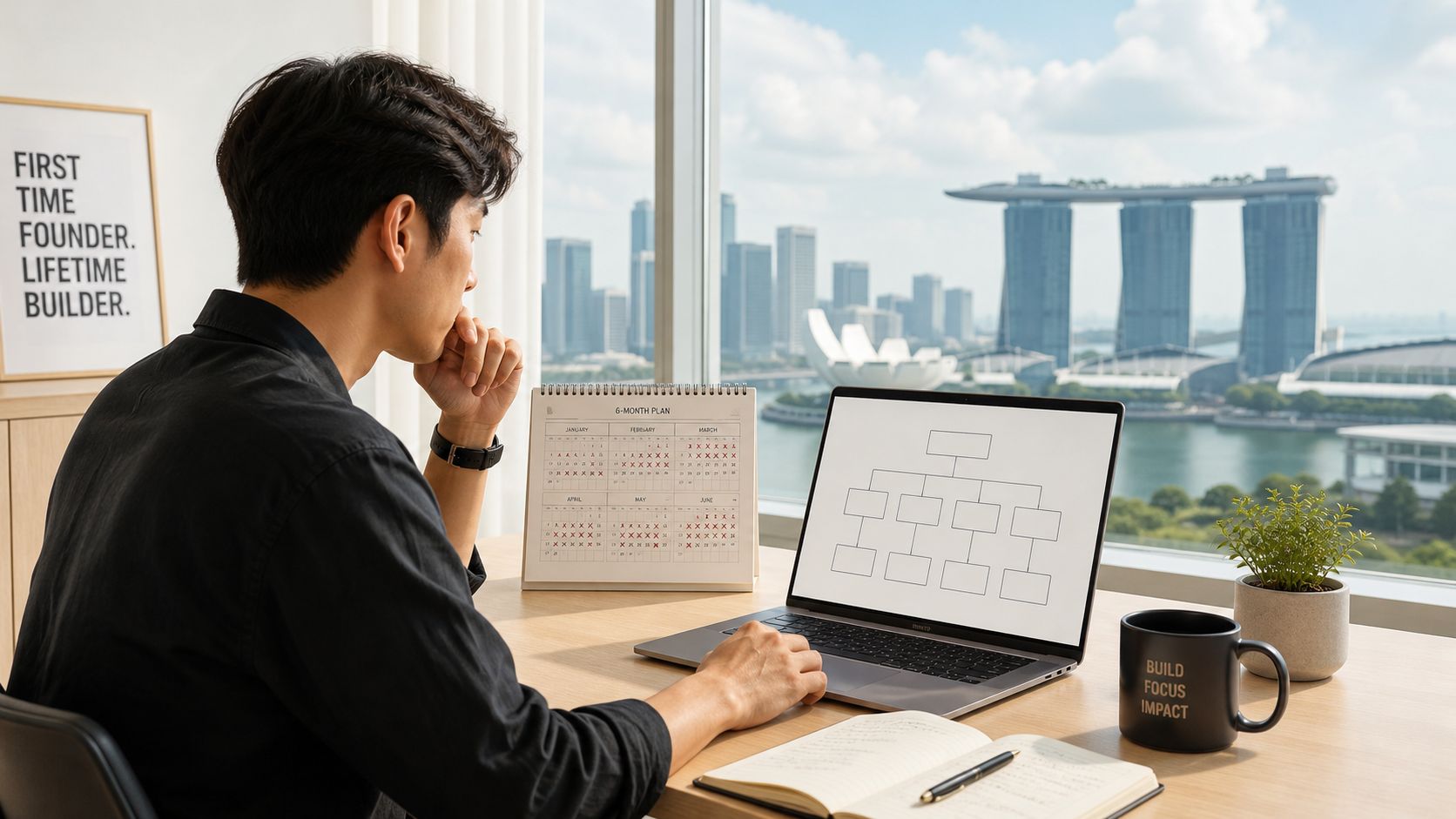 A professional man looking at an organizational chart on his laptop in a modern office overlooking Singapore.