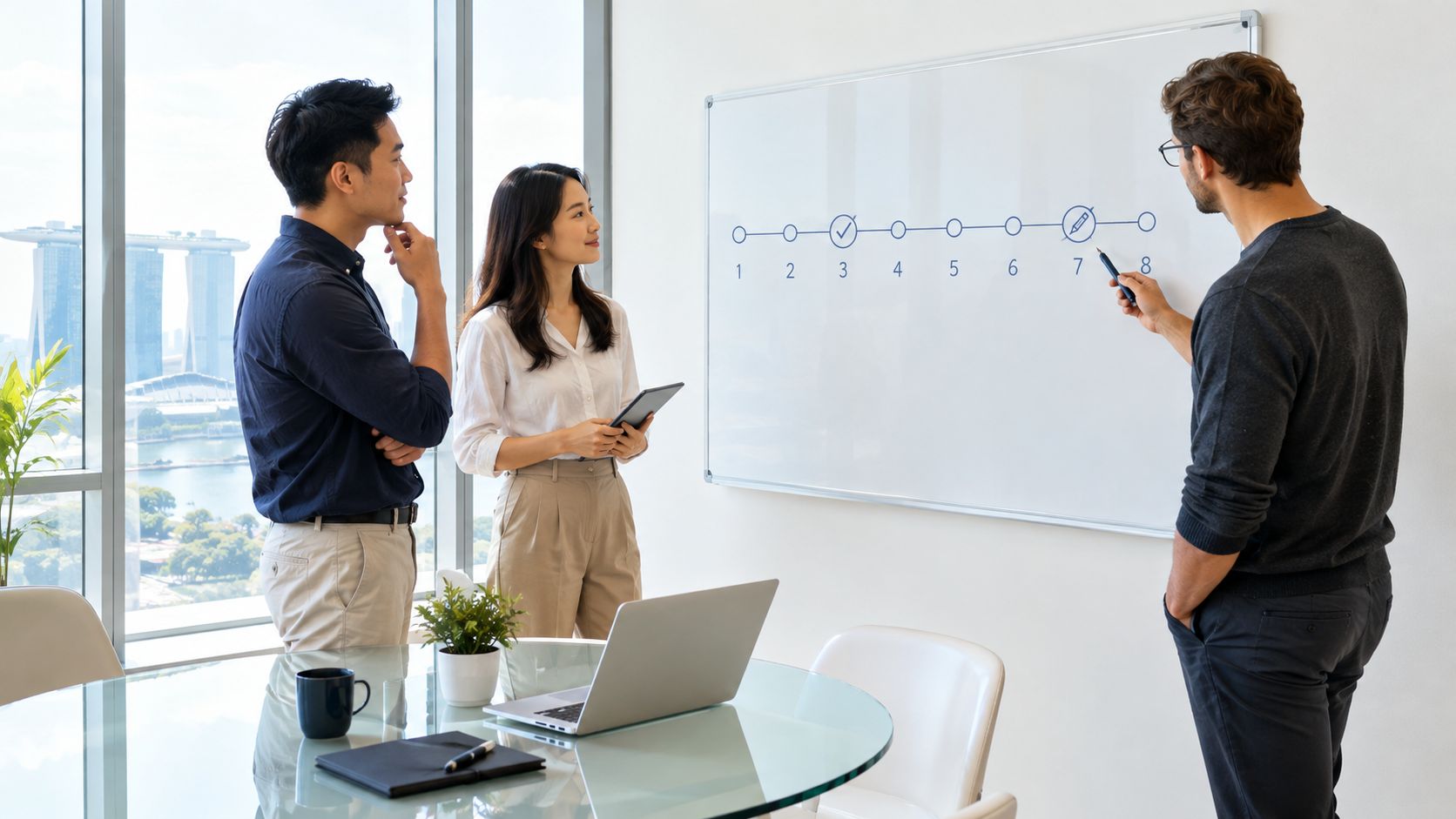 A professional team discussing recruitment strategies in a modern office with a view of Singapore skyline.