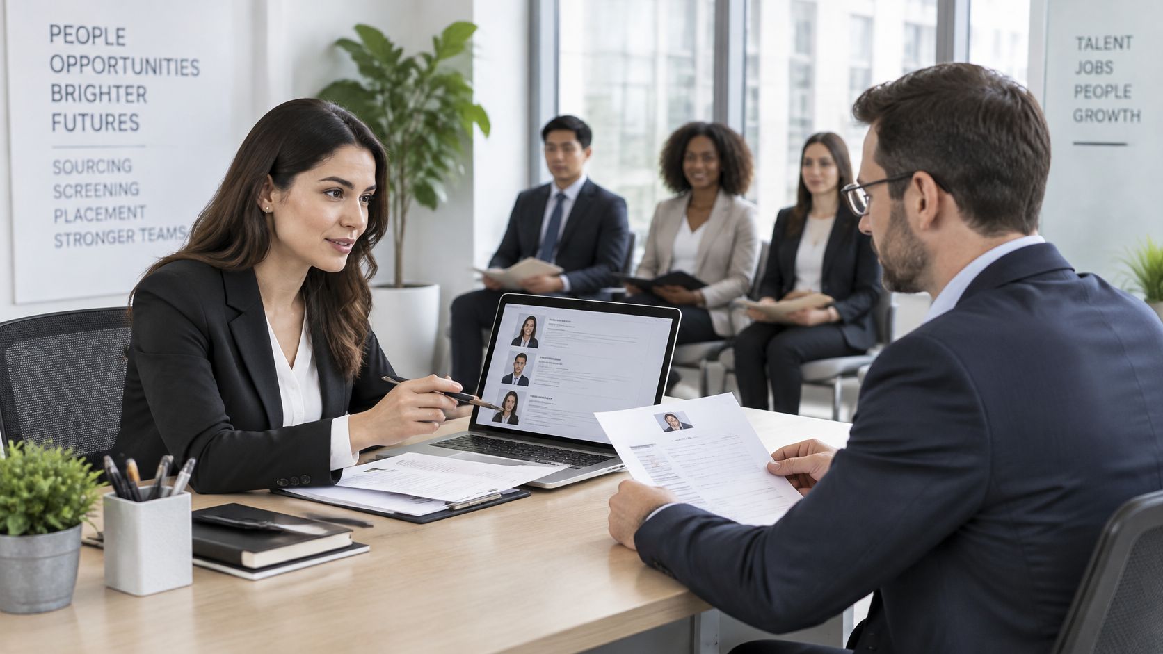 A professional woman interviewing a job candidate in a bright, modern corporate office setting with recruiters.