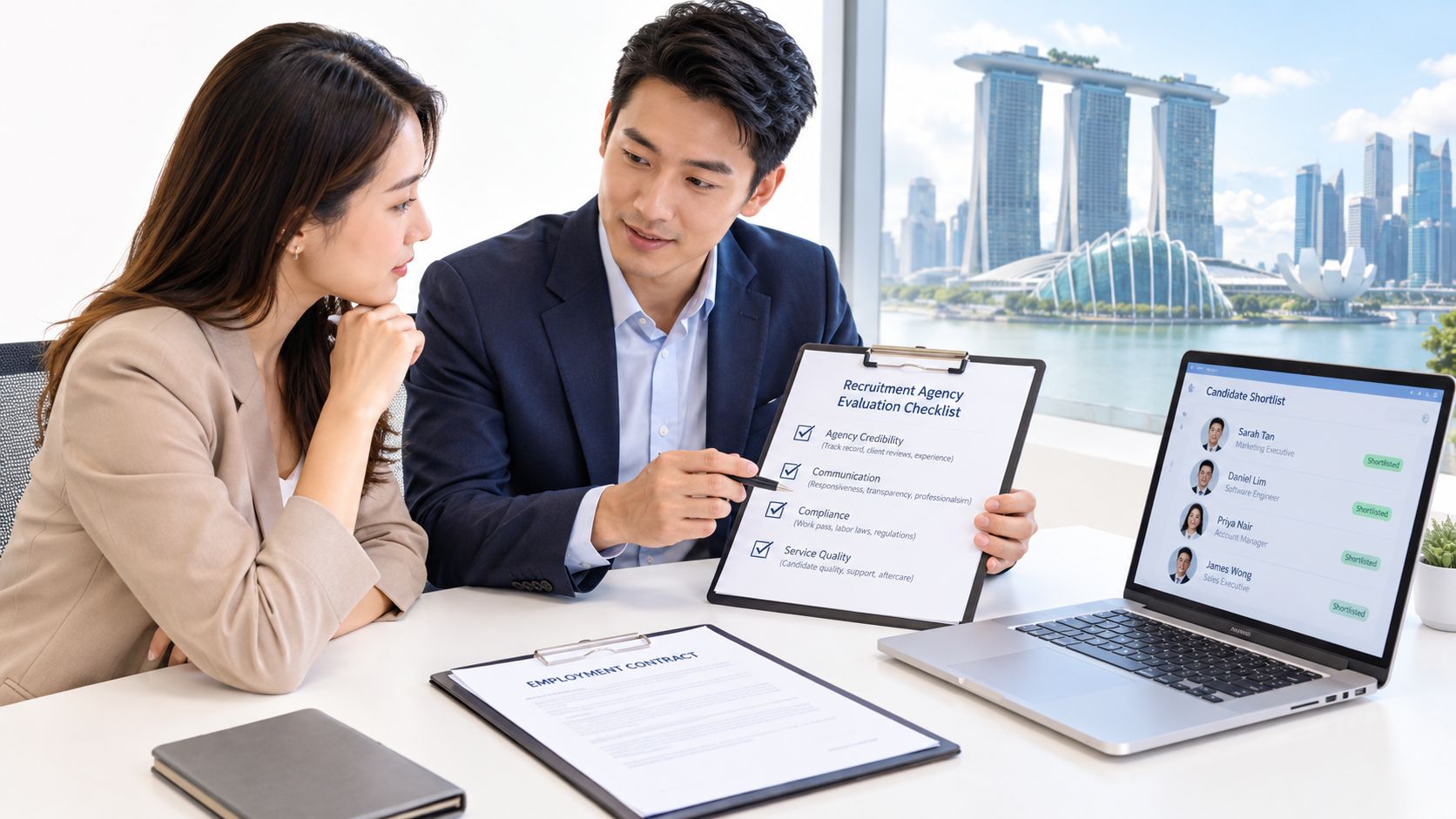 A professional man and woman discussing a recruitment agency evaluation checklist in an office overlooking Singapore.