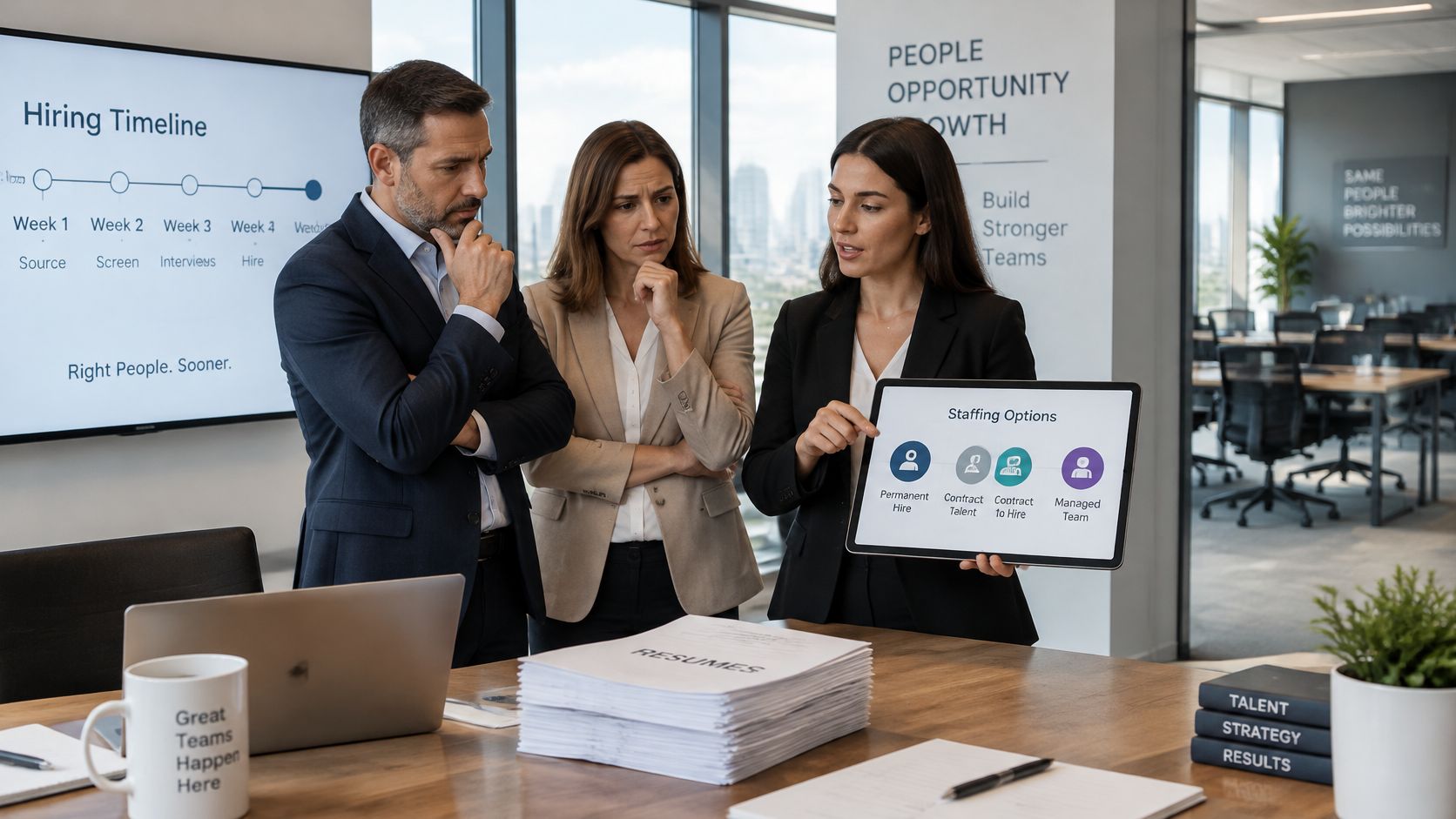 A professional team discusses staffing options and hiring timelines in a modern office boardroom meeting.