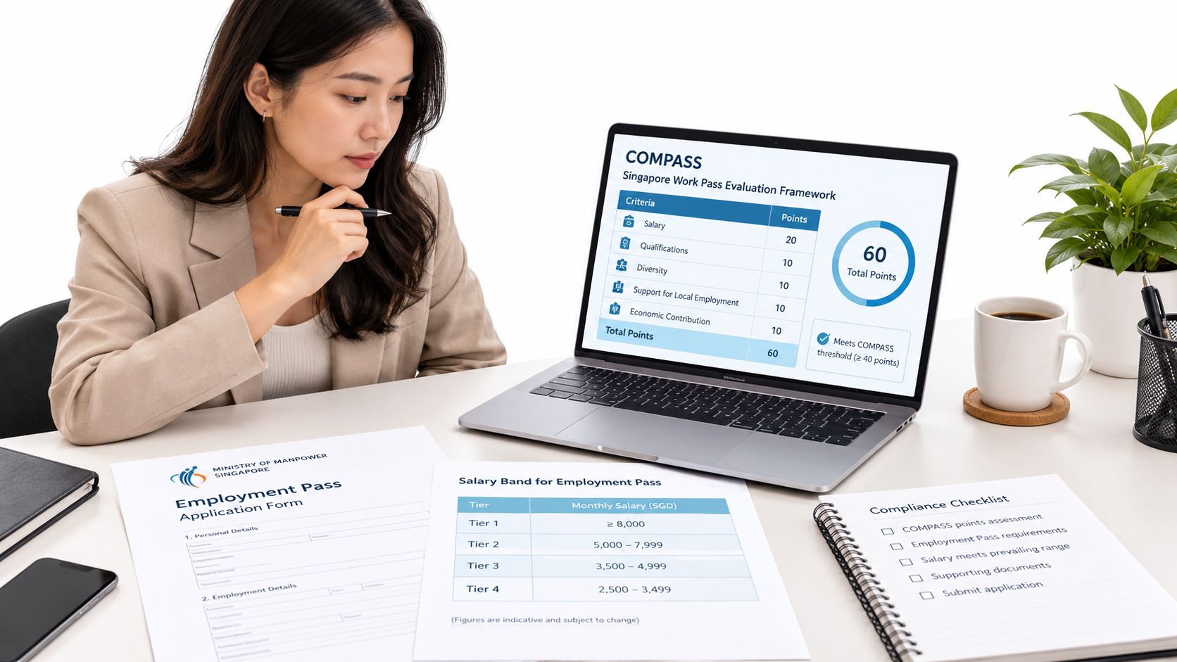 A professional woman reviewing Singapore Employment Pass application forms and COMPASS framework documents on her laptop.