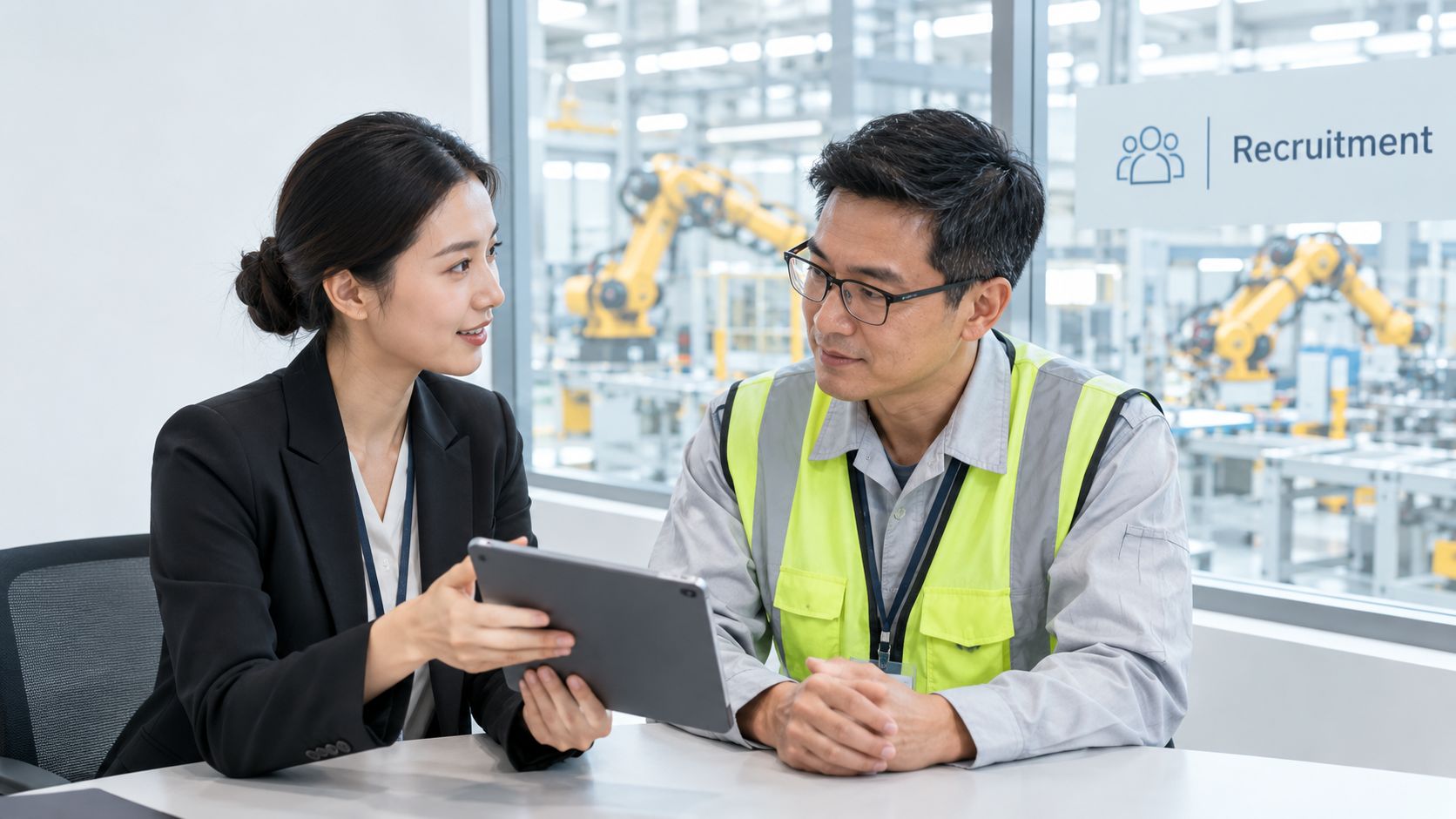 A professional woman showing a tablet to a male worker wearing a reflective safety vest in an office.
