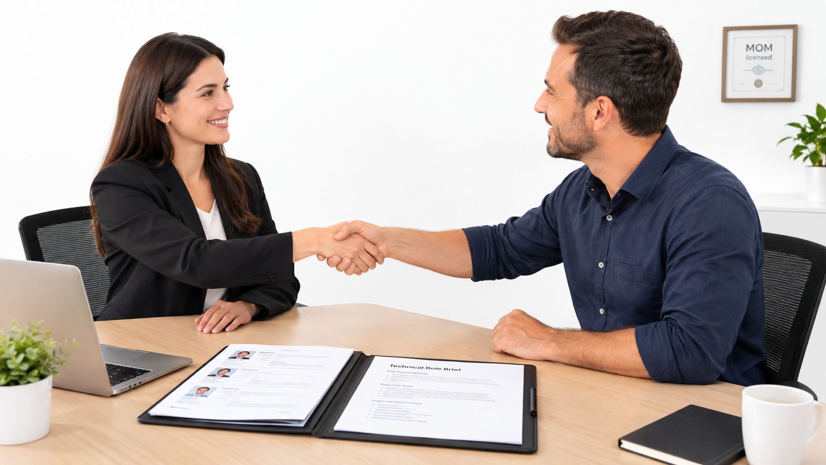 A professional woman in a suit shaking hands with a man during a business meeting in an office.