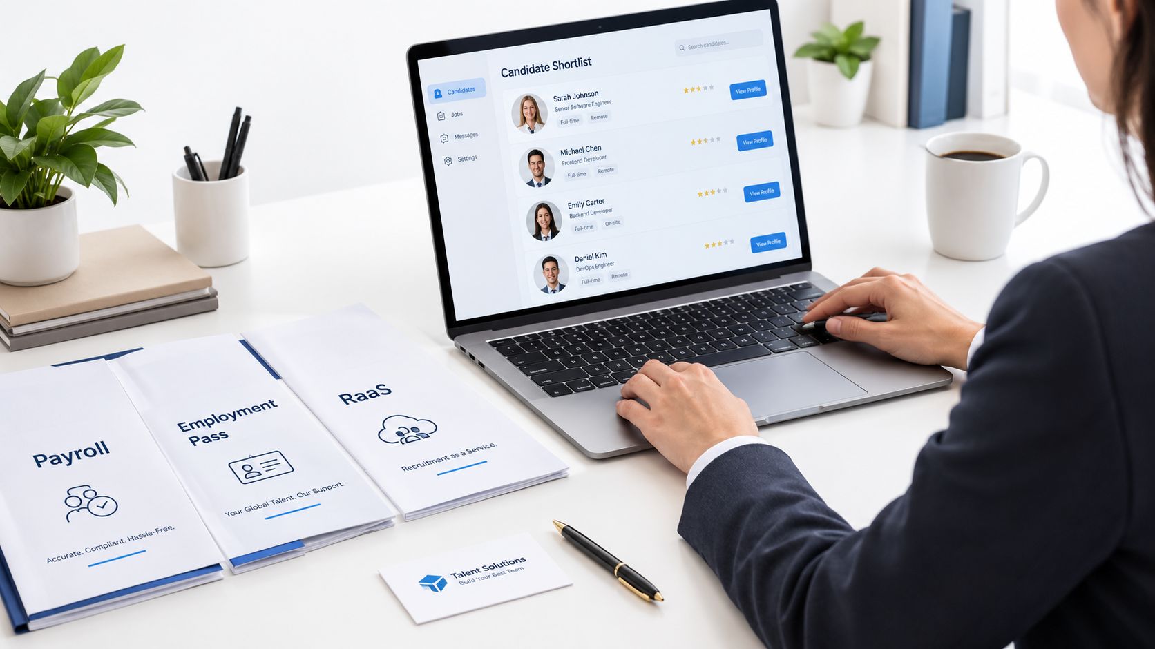 A professional recruiter uses a laptop to manage candidate shortlists and recruitment services in a modern office.