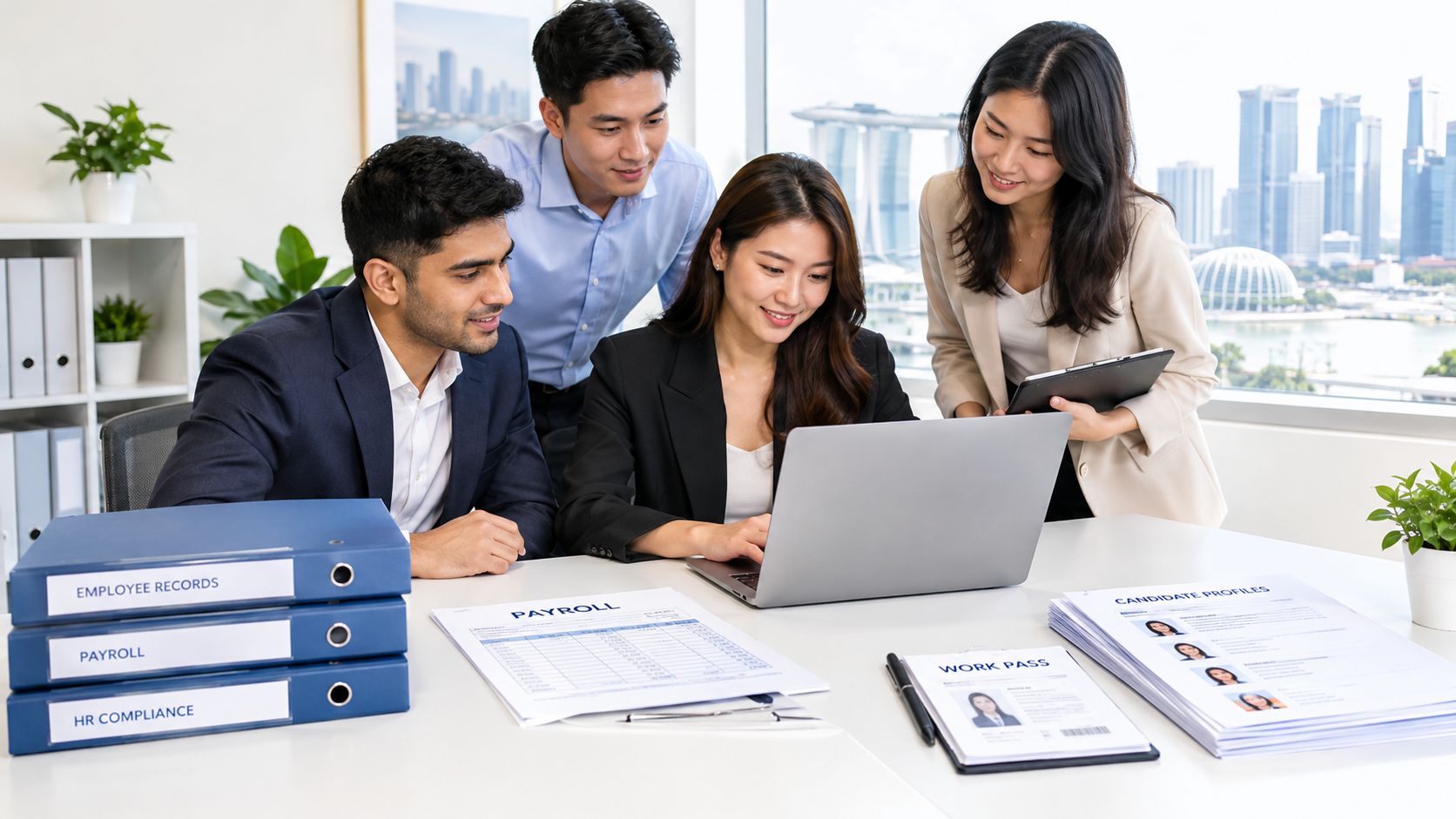 A professional team of HR specialists collaborating on business documents and laptop in a modern corporate office.