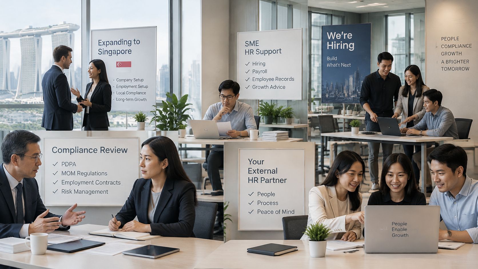A professional office environment featuring team members collaborating on HR, compliance, and growth strategies in Singapore.