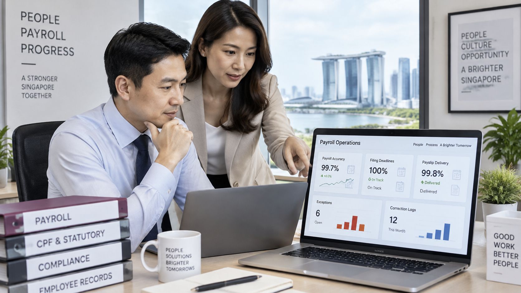 A professional man and woman discussing payroll analytics on a laptop in a modern Singapore office.