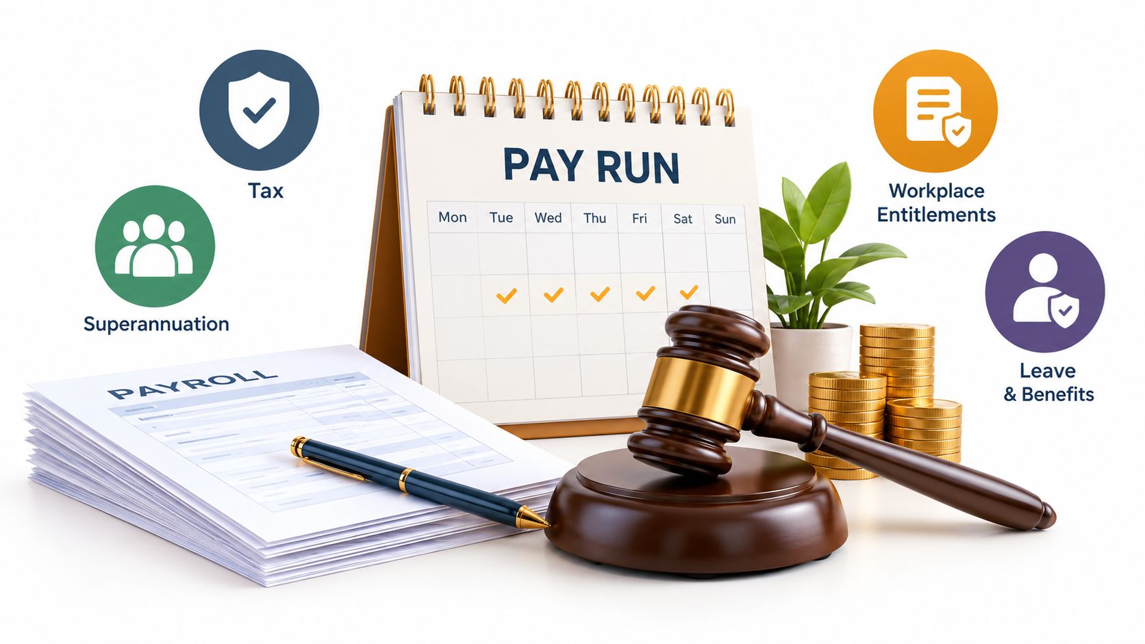 A professional desk setup representing payroll services with a calendar, gavel, documents, and business icons.