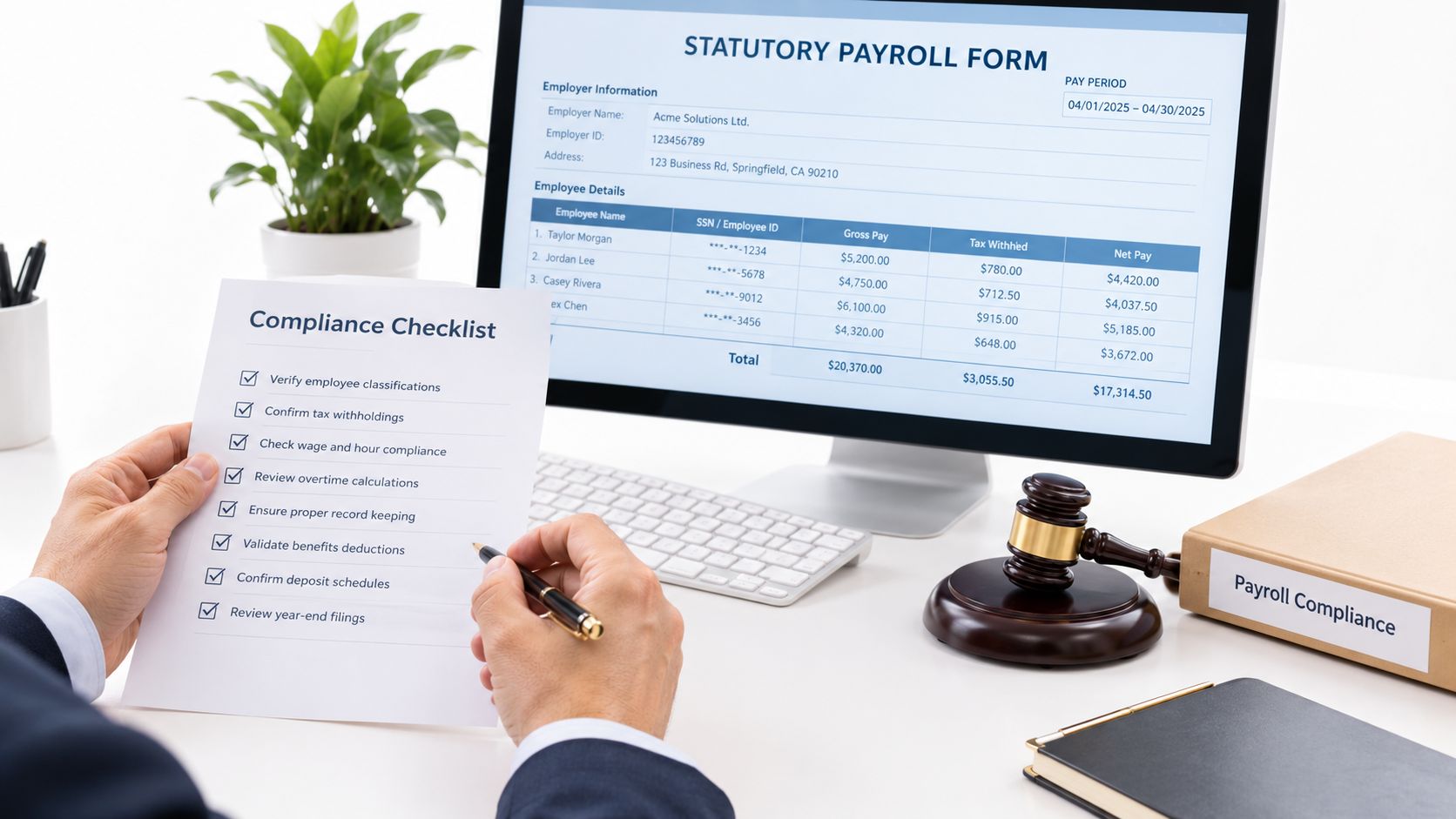 A professional reviewing a statutory payroll form and a compliance checklist in an office setting.