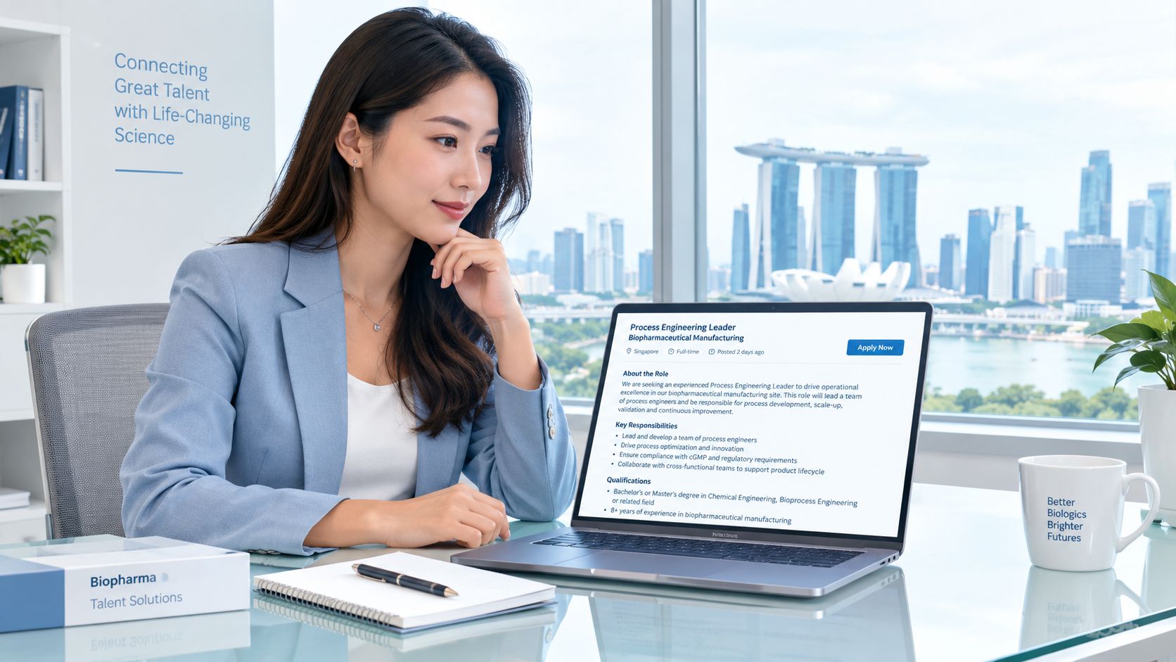 A professional woman in an office overlooking the Singapore skyline, viewing a job posting on her laptop.