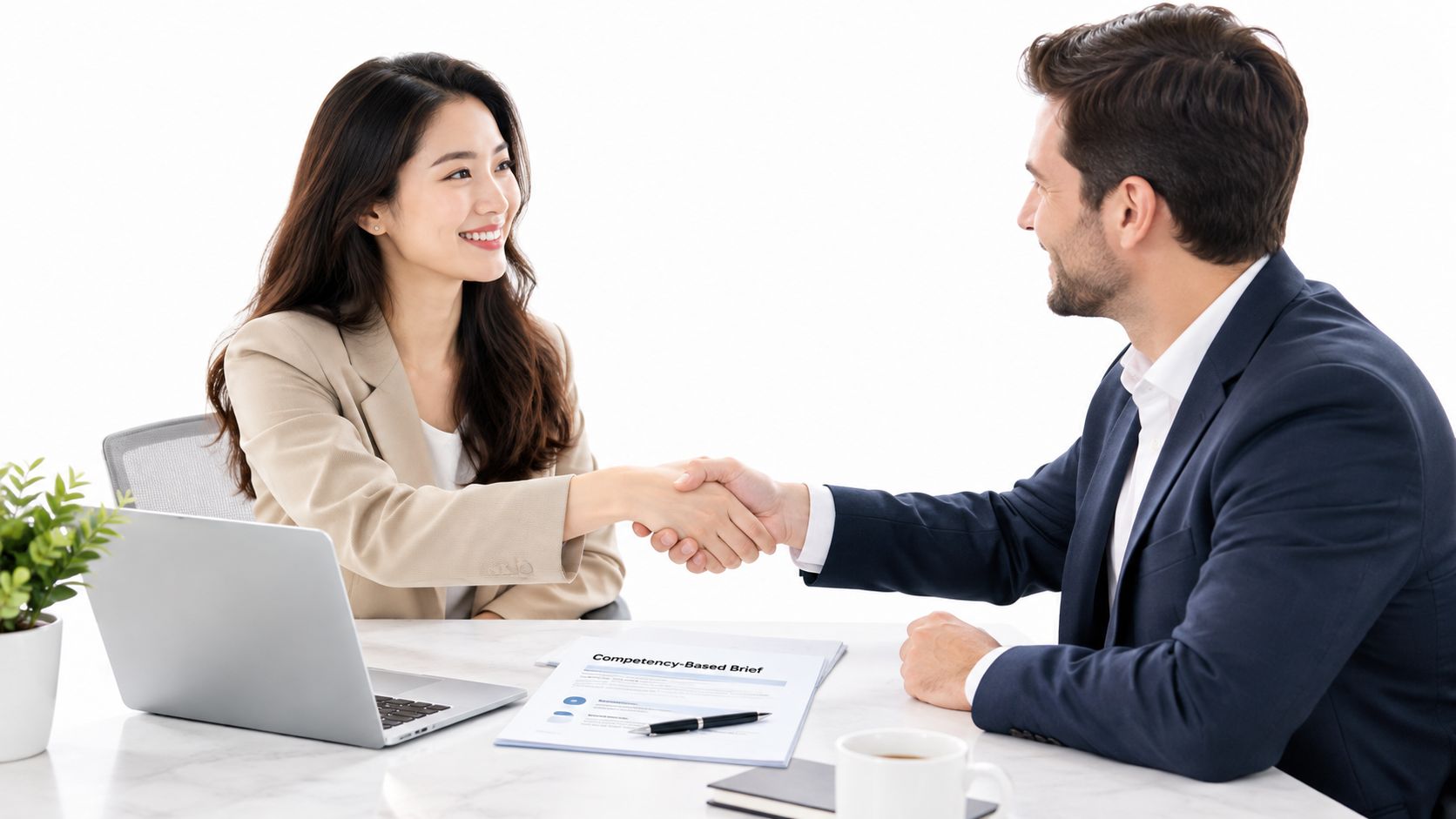 A professional woman in a beige blazer and a man in a suit shaking hands during meeting.