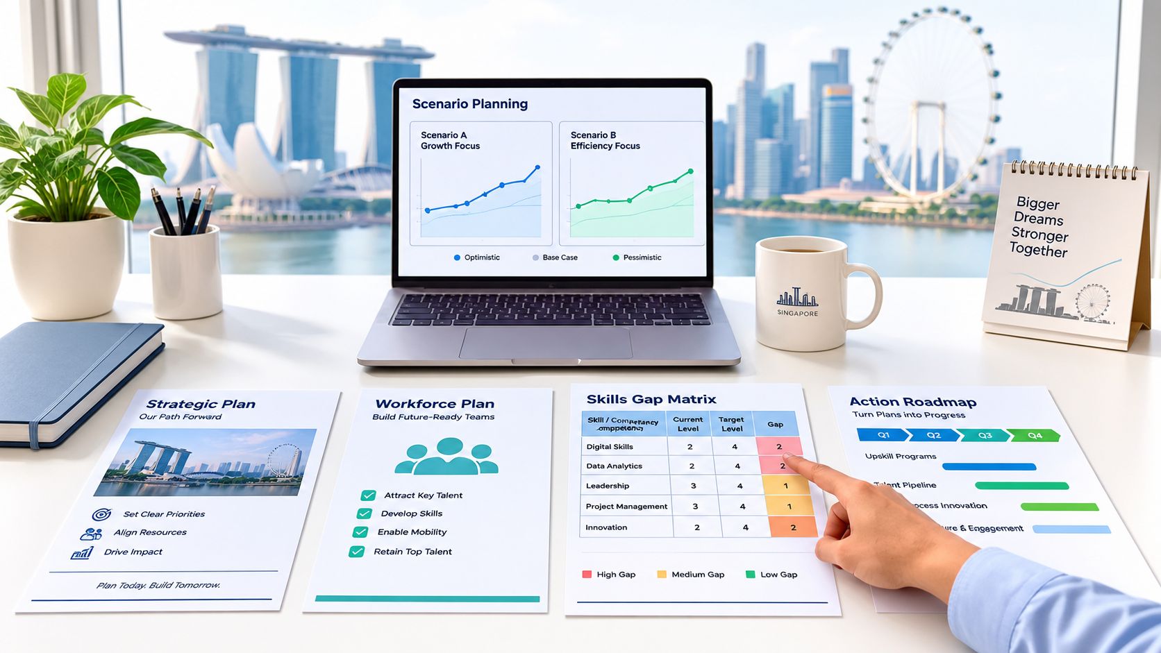 A professional desk in Singapore displaying business strategy documents, a laptop with scenario planning, and a skills matrix.