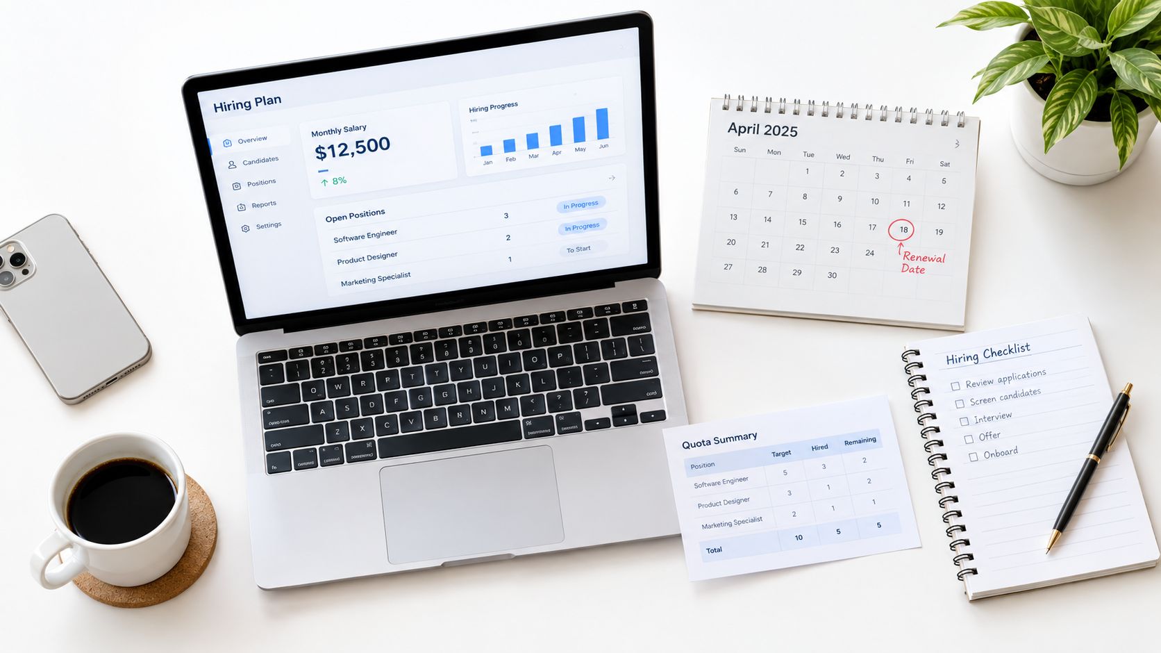 A professional desk setup featuring a laptop with hiring plans, a calendar, and a checklist.
