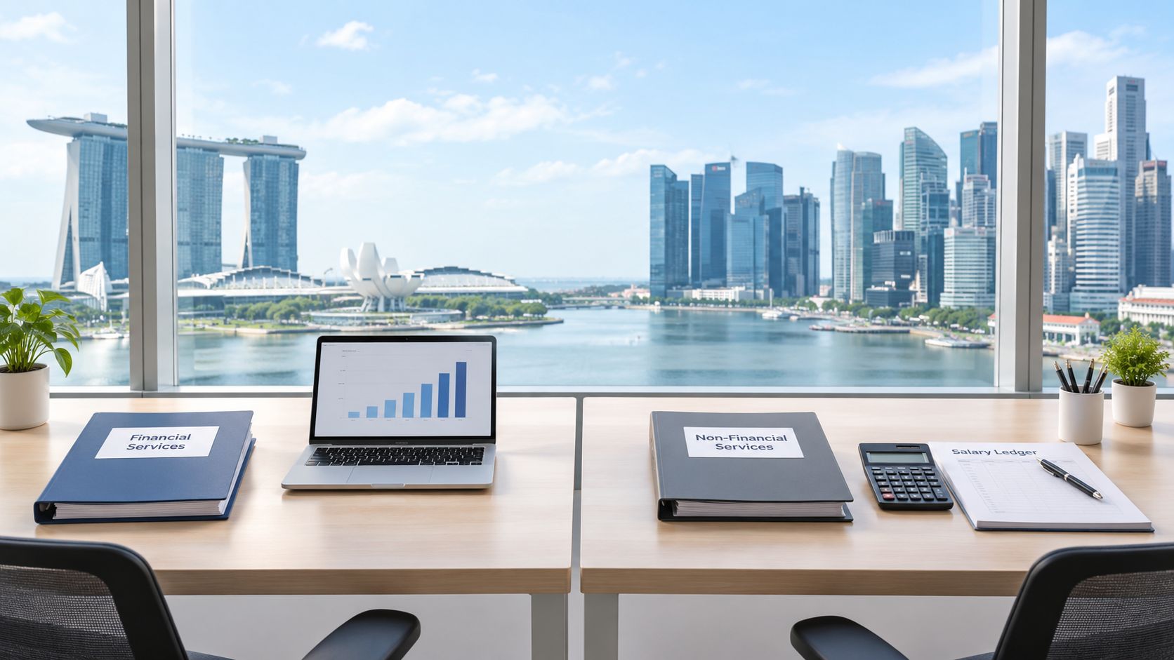 A dual office desk setup with financial documents and a city skyline view of Singapore.