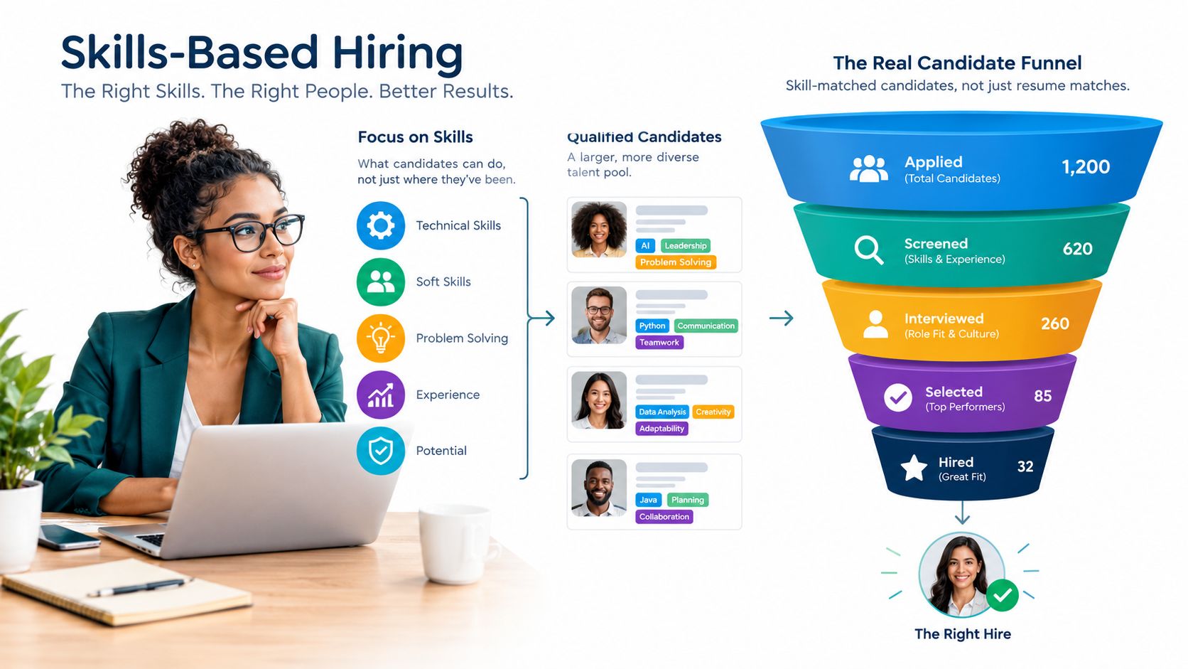 A professional infographic showing a skills-based hiring funnel moving from total applicants to successful new hires.