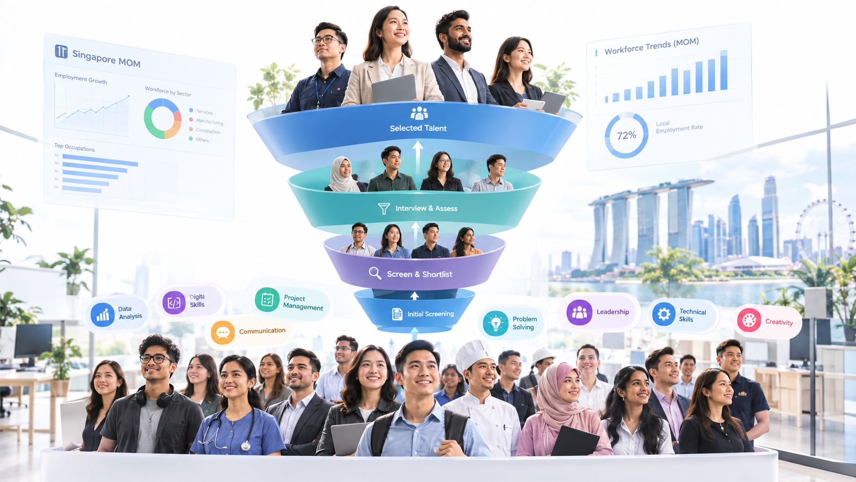 A recruitment funnel visualization showing diverse professional candidates being processed for talent acquisition in Singapore.