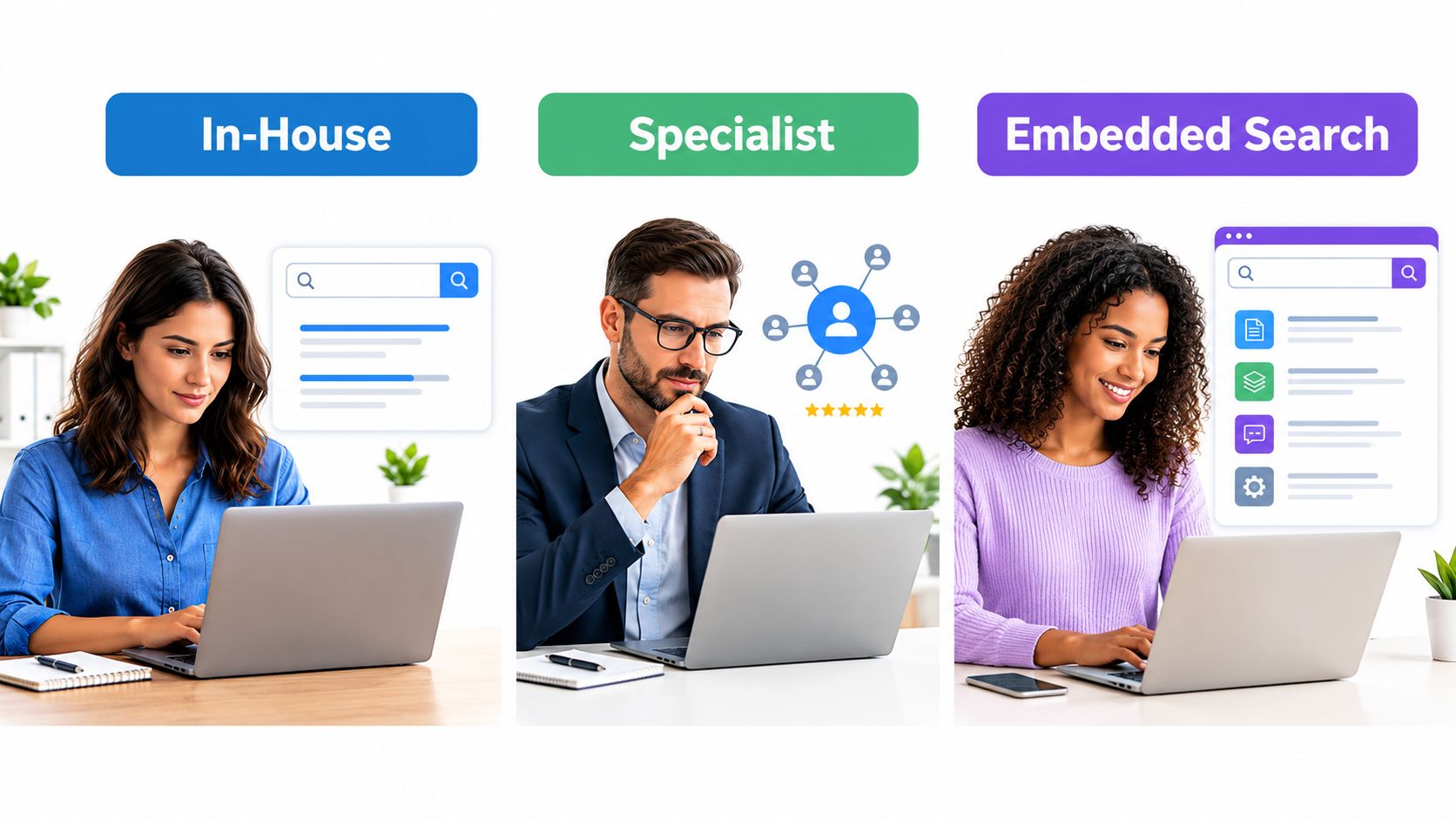 Three professionals working on laptops representing In-House, Specialist, and Embedded Search talent acquisition strategies in business.