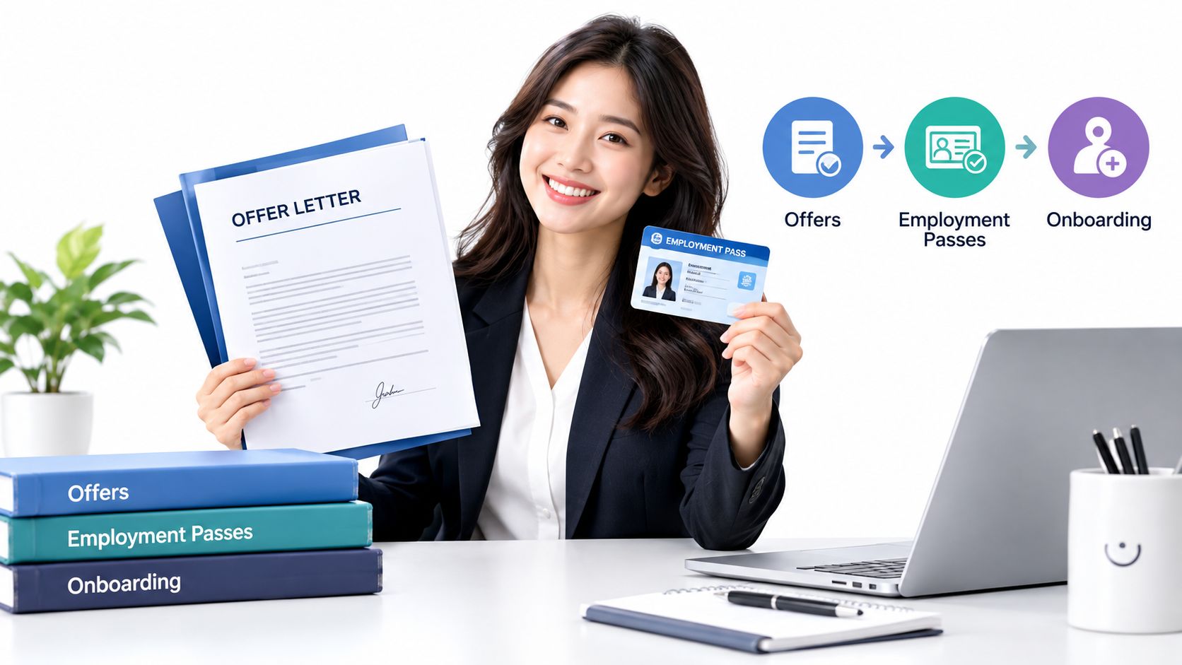 A professional woman presenting an offer letter and an employment pass, symbolizing hiring and onboarding processes.